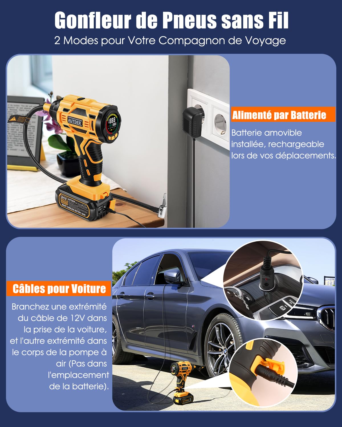 AUTDER Gonfleur Pneu Électrique 180 PSI, Compresseur à Air Sans Fil avec Batterie Amovible 21V et Câble d'Alimentation Voiture 12V, Arrêt Automatique, Écran LCD, Lampe LED pour Voiture, Jaune