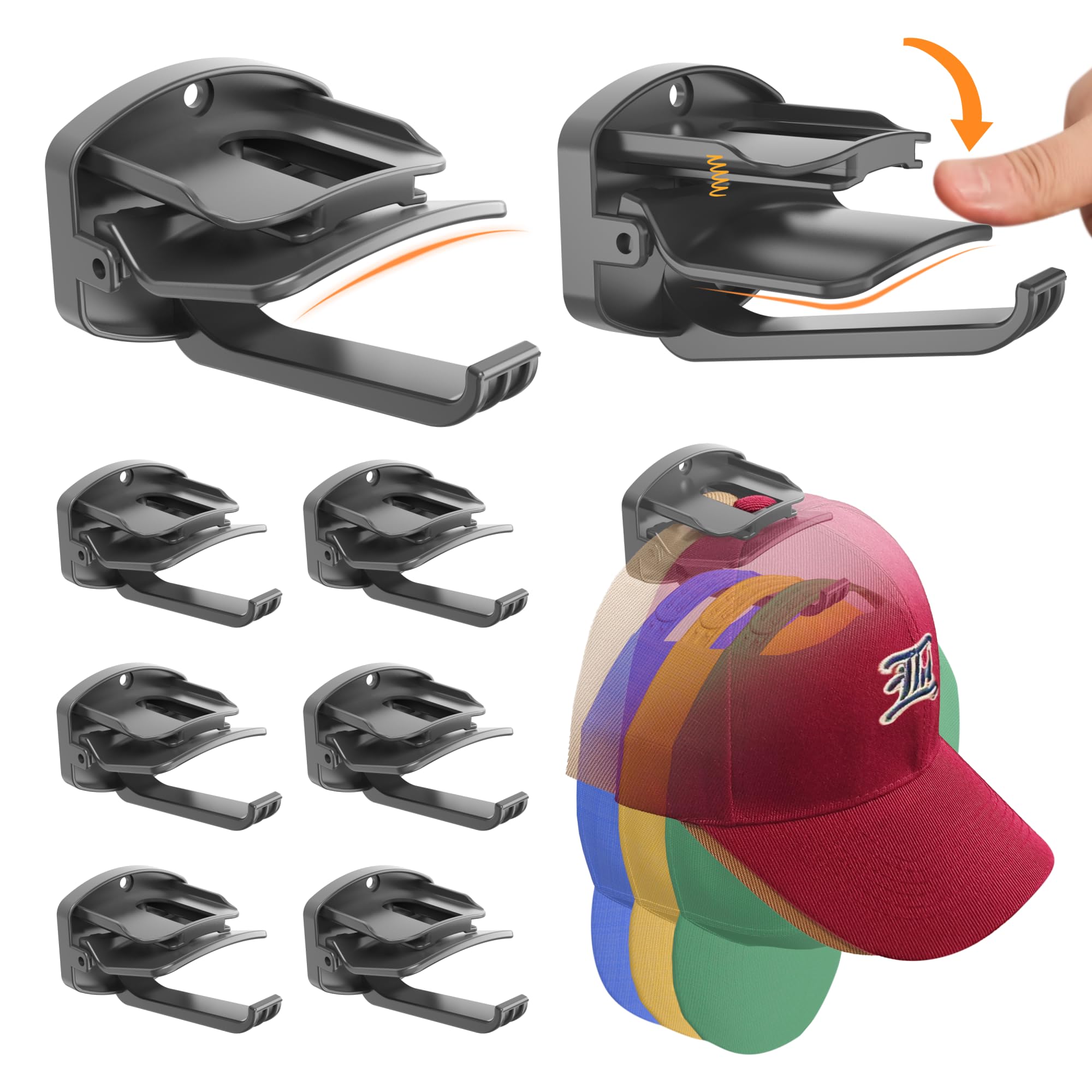 8 Packs Hat Organizer Holds 40 Hats with Built-in Spring Clips Hook for Baseball Caps - Wall Mount