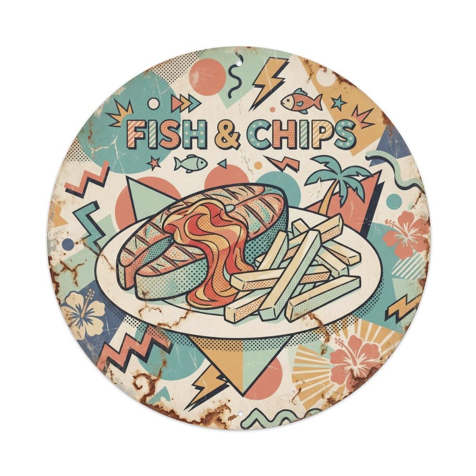 Fish And Chips Regional Market Food Colorblock Pop Metal Tin Sign