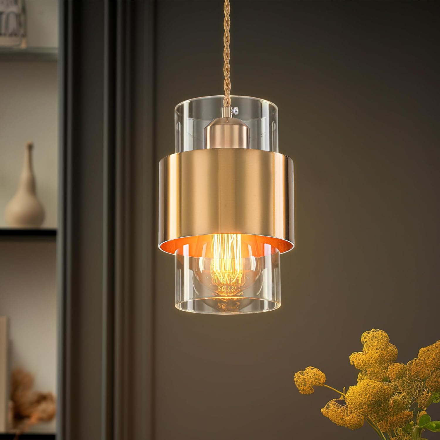 Modern Pendant Lighting, Gold Pendant Light Fixtures Ceiling Light for Kitchen Island Hallway Porch Corridor Bedroom with Frosted Glass Shade, 1 Light