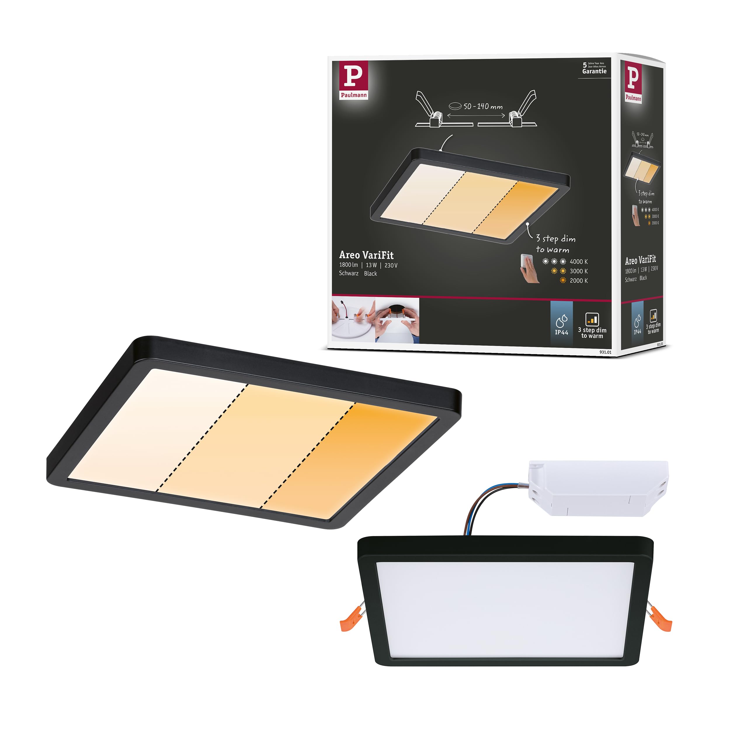 Paulmann 93101 recessed LED panel Areo IP44 175x175mm 3-Step-Dim rectangular incl. 1x13W Dimmable Warm white Black Plastic Ceiling luminaire 2000K