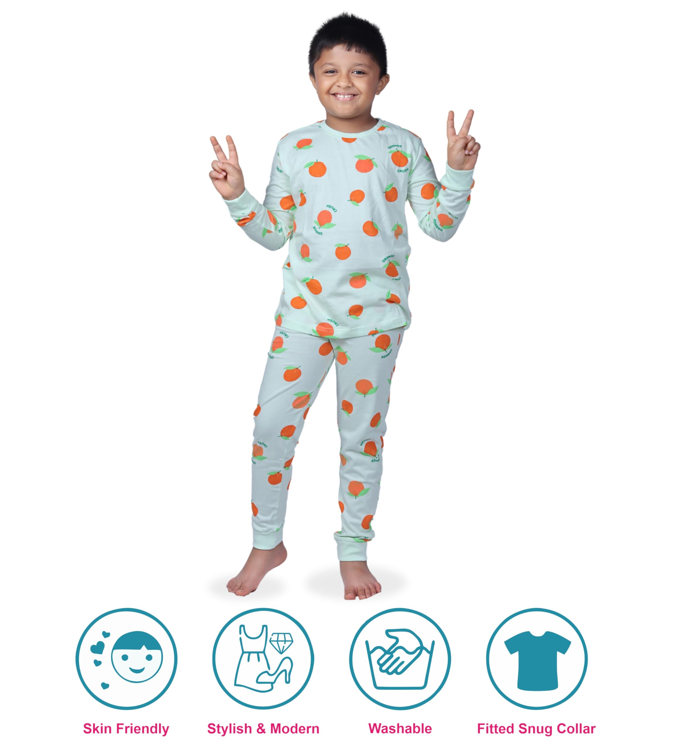 Hestia|H.Nsg.7|Kids Night Suit|Sleepwear|Night Dress Cotton|Trouser Full Sleeve Pajama Set Tshirt|Elastic Waist|Bottom Pyjama Tshirts For Boys|All Over Orange Printed|Green|2-4Yrs|Set 1,2 -4 Years - Image 2 thumbnail