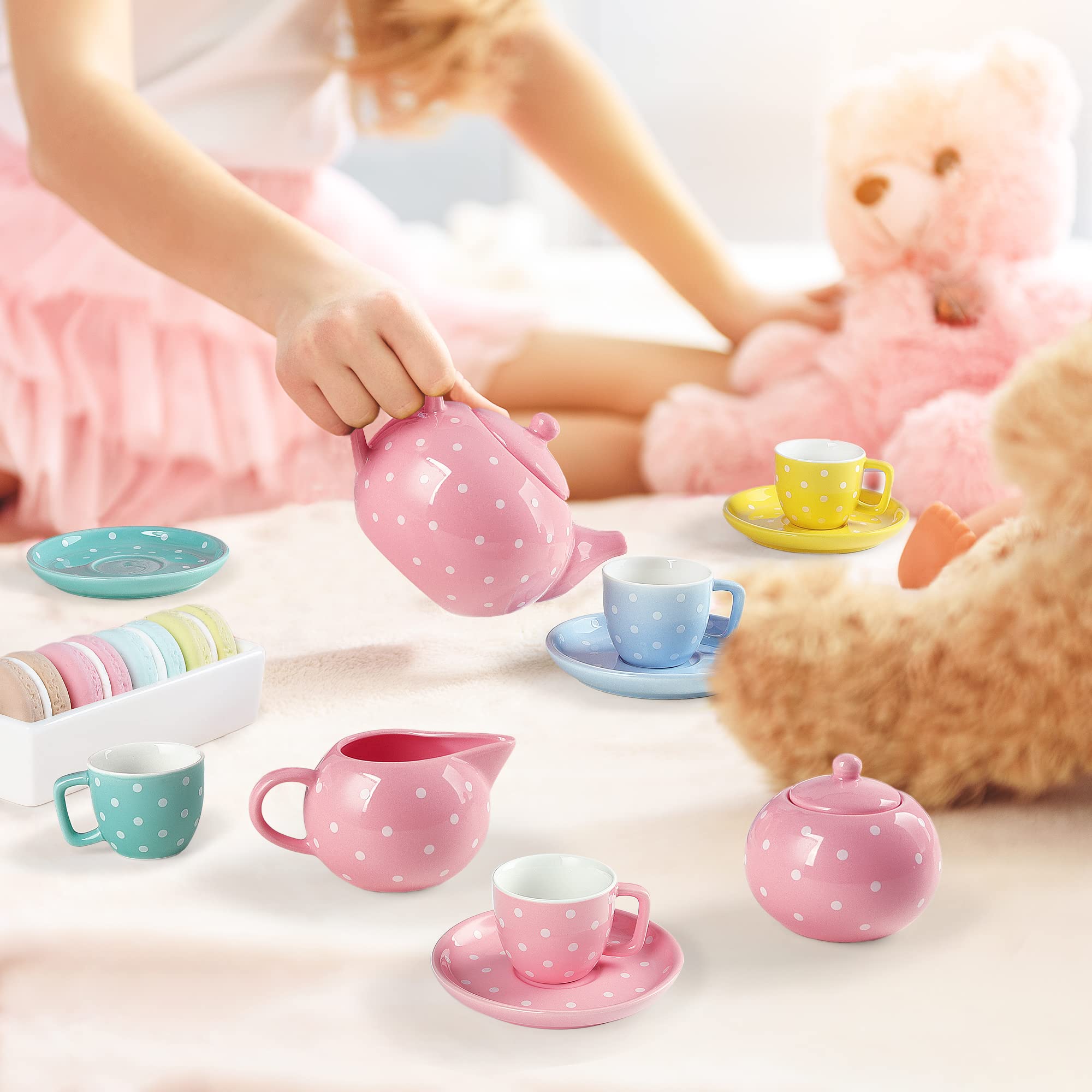 fanquare 12-teilig Porzellan Teeservice für Erwachsene, Kleine Mädchen, Rosa Blumen Kaffeeservice Set für Spielküche Kindergeschirr