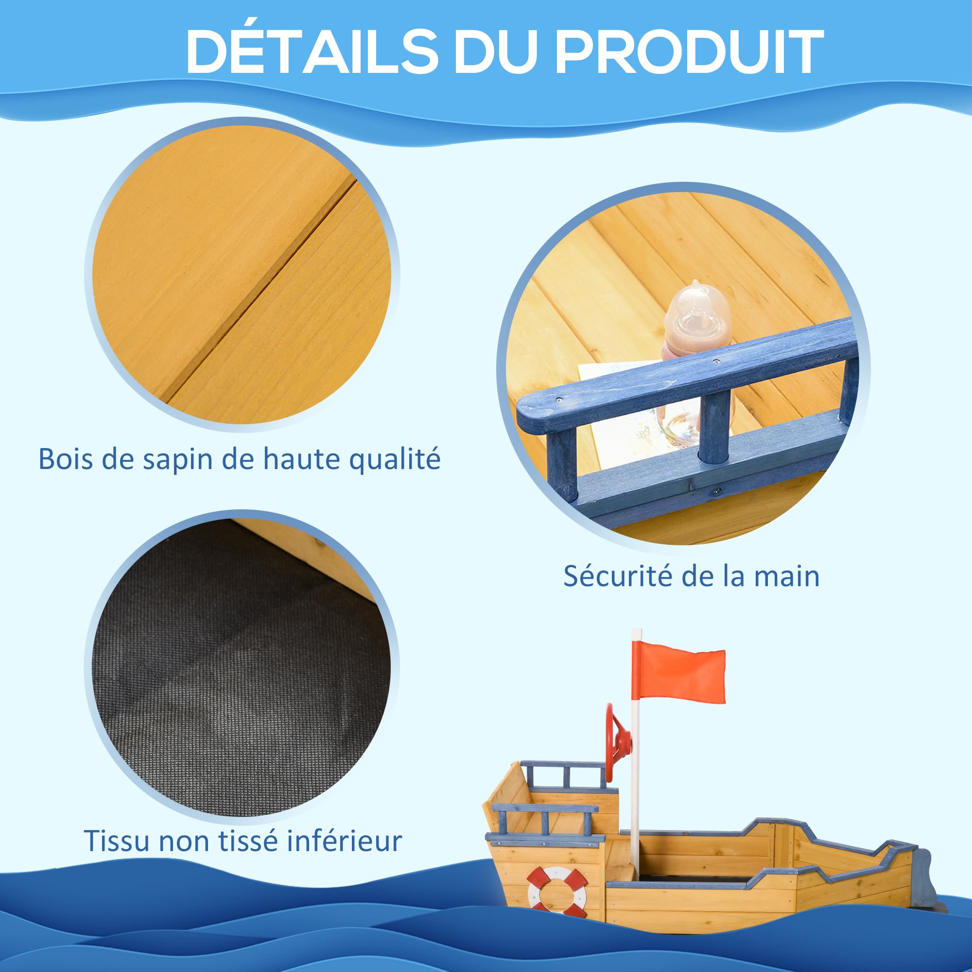 Outsunny Bac à Sable Enfant Bateau Pirate avec Rangement en Bois de Sapin | Gouvernail, drapeau rouge, 2 marches, tissu non tissé, jaune