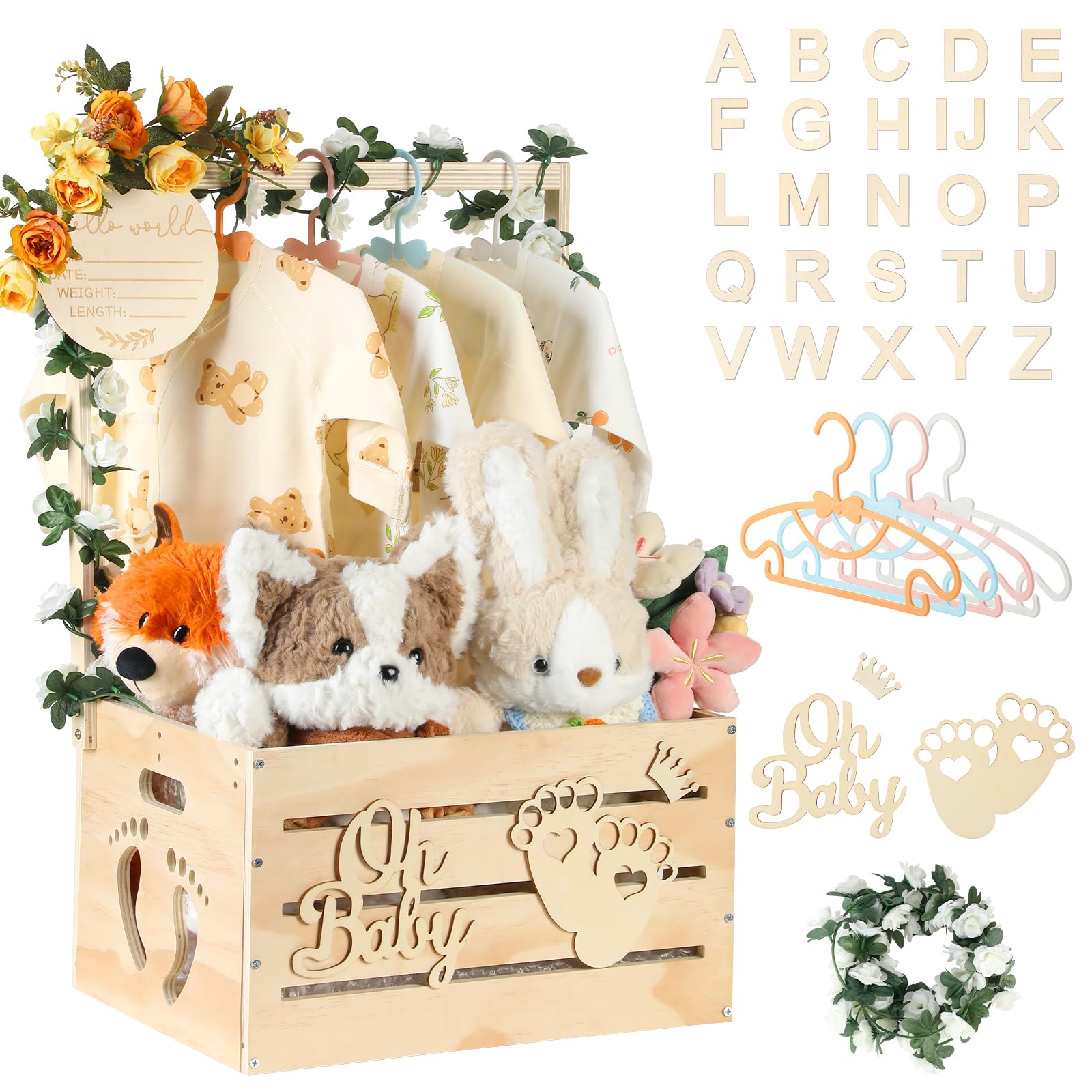 Large Wooden Baby Shower Crate Closet, Customizable Baby Shower Basket with Handle and Garland, New Born Baby Girl Boy Crate Box for Baby Shower for