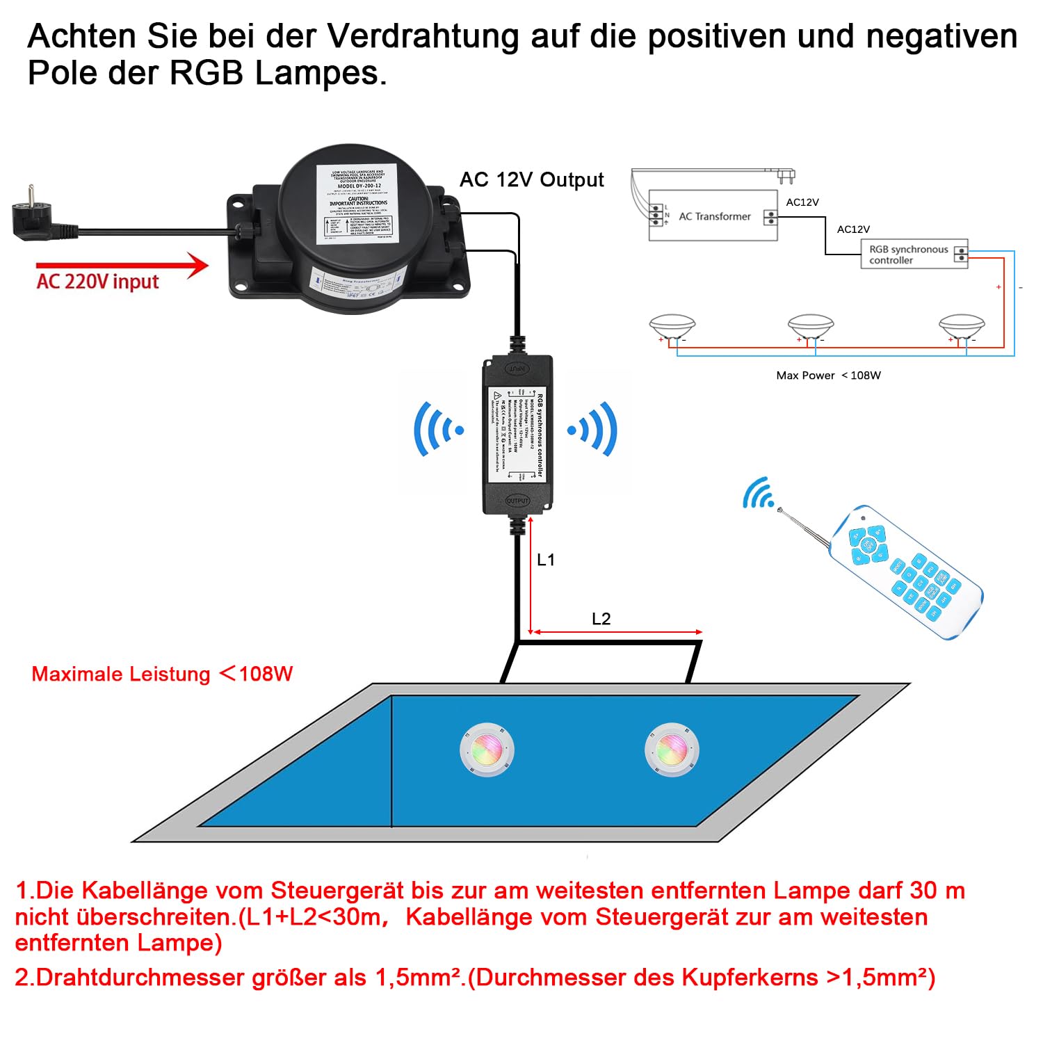 COOLWEST LED Poolbeleuchtung PAR56 RGBW 36W Unterwasser Licht Externe Synchronisation mit Fernbedienung Outdoor Poolscheinwerfer AC 12V für Schwimmbad Garten Licht (2er-Pack)