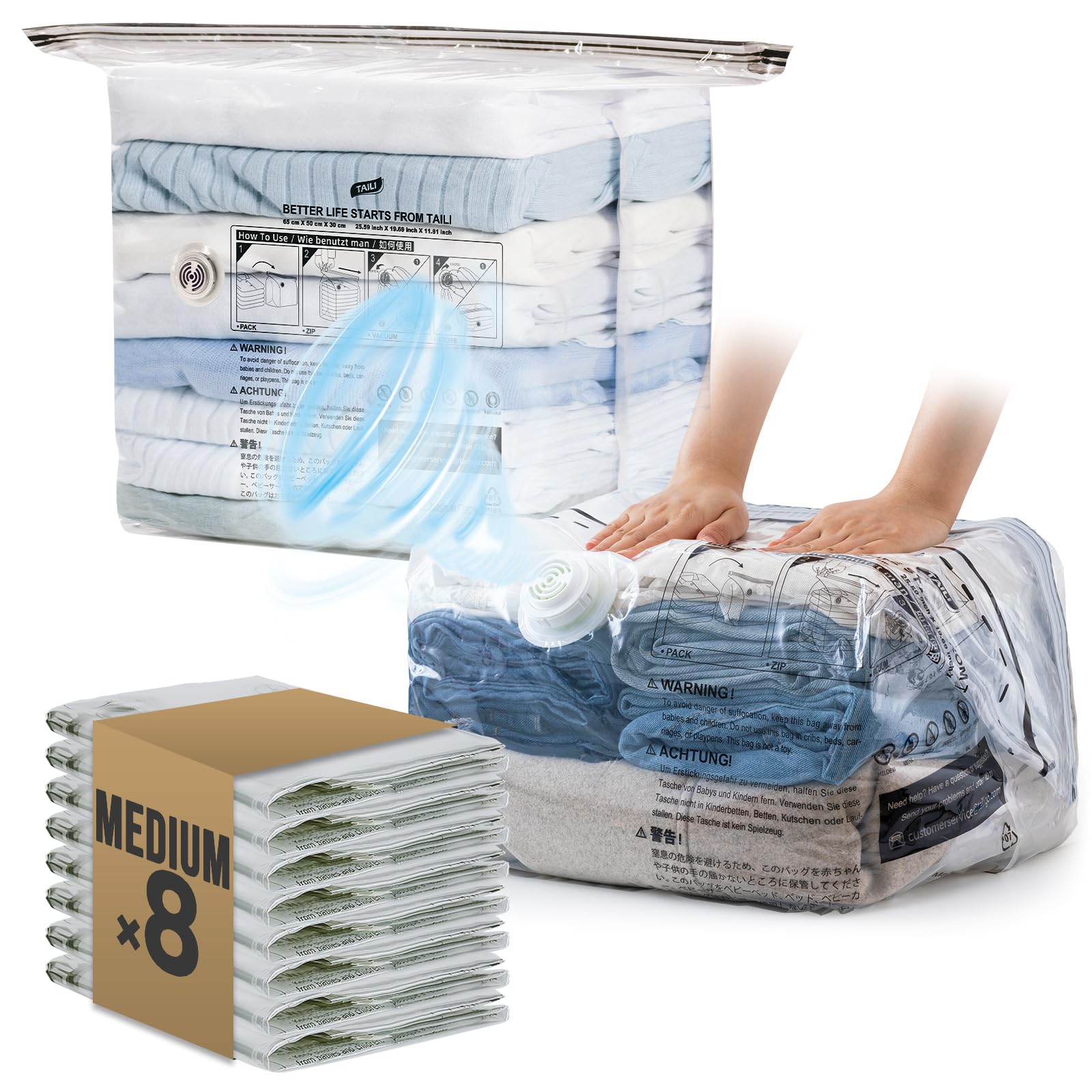 TAILI 8 Pack Cube Vacuum Storage Bags, Medium Size (25x19x11 inch), Vacuum Seal Bags for Clothing, Travel Compression Packing for Clothes, Blankets,