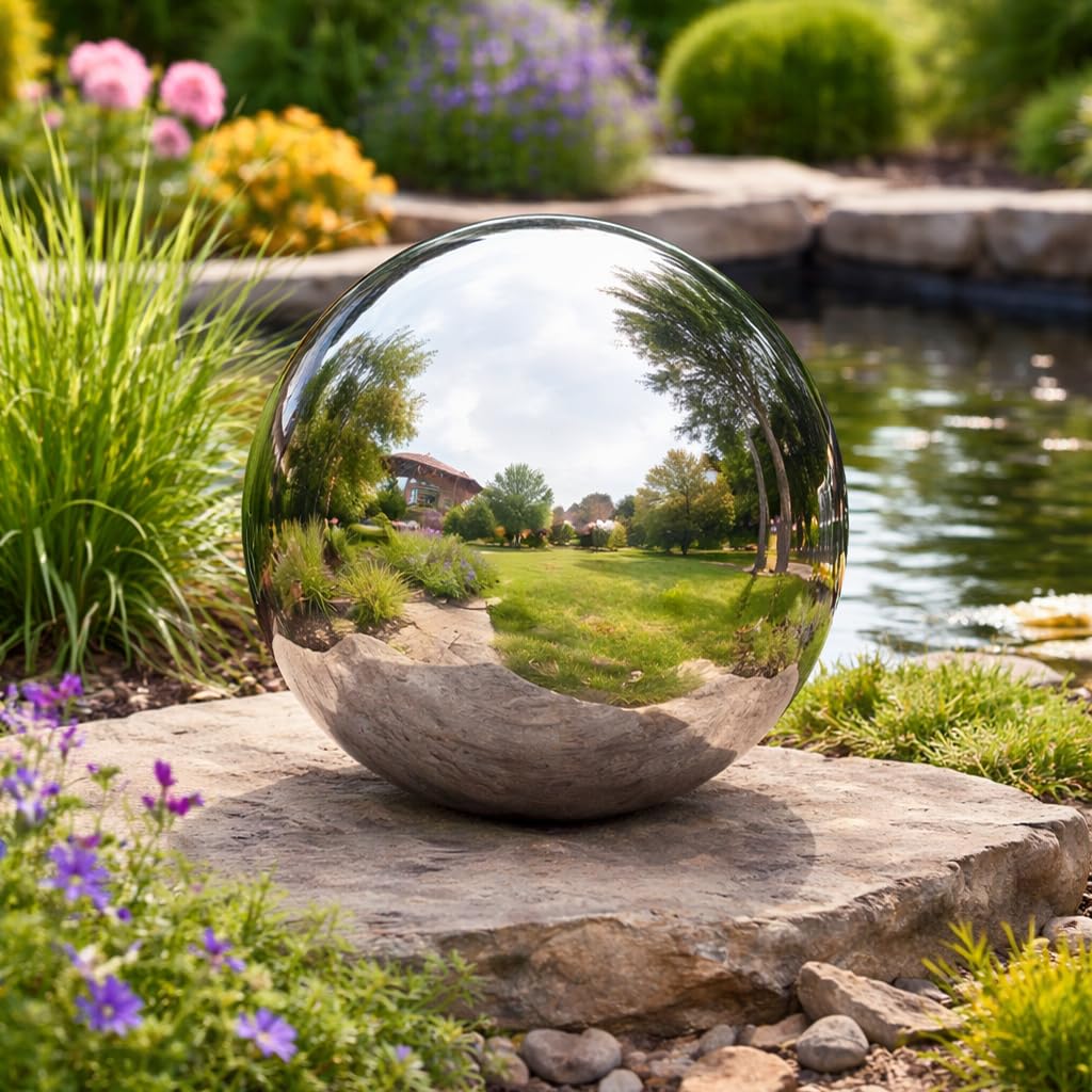Garden Mile Boule d'observation en acier inoxydable - Boule creuse réfléchissante - 25 cm - Argenté poli - Boule flottante pour décoration de jardin - 25 cm