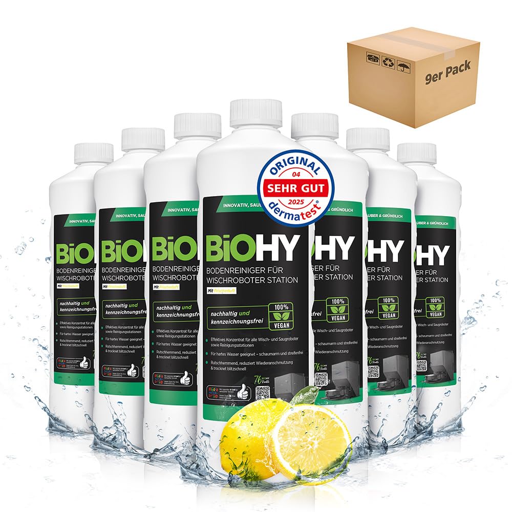 BiOHY Limpiador de suelos para robot de fregado con aroma fresco (9 x 1 litro) | Detergente concentrado para todos los robots de limpieza y aspiración con función húmeda, sin espuma y sin rayas, para