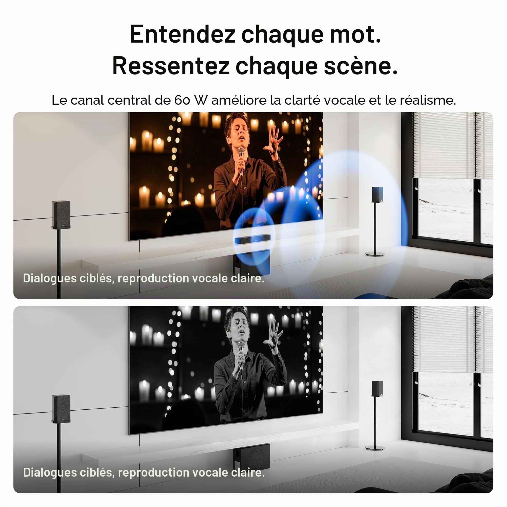 Valerion Enceinte Centrale sans Fil ThunderBeat, Puissance 120 W, Amélioration Vocale Adaptative, Latence Ultra-Faible < 30 ms, Système Audio Home Cinéma (Système Surround Requis)