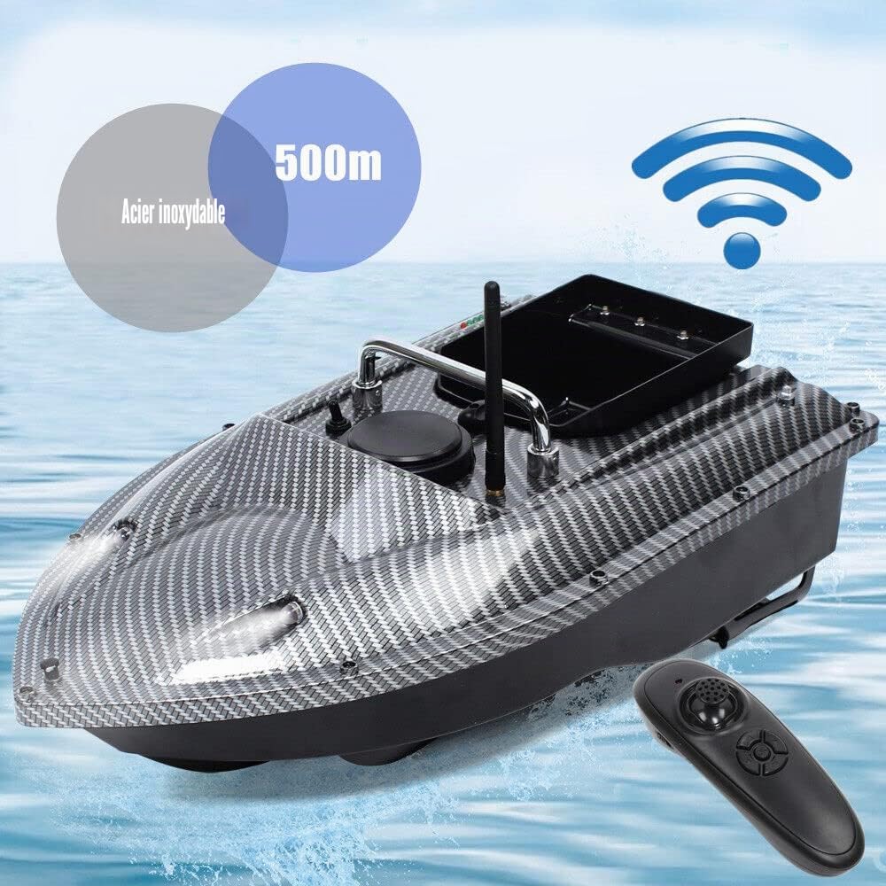 Bateau Amorceur Télécommandé 500m pour Pêche à la Carpe - Leurre Auto Cruise, Camouflage, Batteries, LED pour Pêche de Nuit