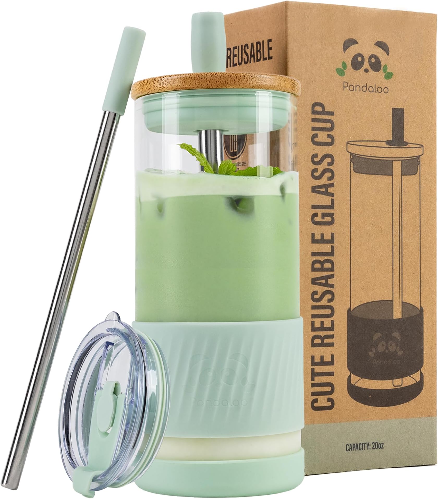 Pandaloo® Glass Cups With Lids and Straws -20 Fl Oz- Perfect Size Iced Coffee Cup - Smoothie Cup With Bamboo Lid and On the go Lid (Sweet Sage, 1 Count (Pack of 1)ClimeCo Certified
