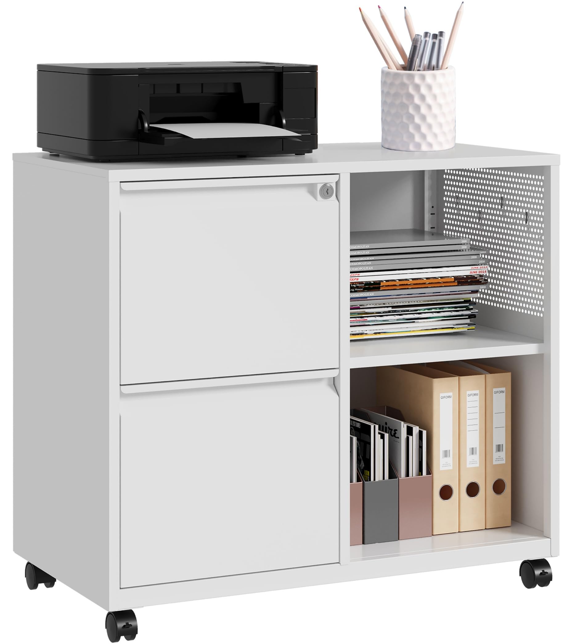 SISESOL 2 Drawer File Cabinet with Lock and Shelf,Mobile Lateral Filing Cabinet,Metal File Organizer Cabinet with Open Storage Shelves for Home Office Fit Legal/Letter A4 Size