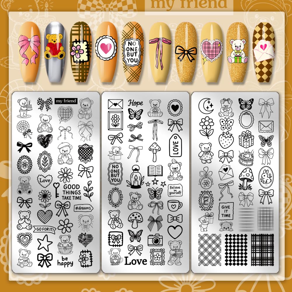 PH PandaHall 3pcs Cute Bear Nail Stamping Plates Bows Heart Nails Art Stencils Butterfly Fruit Mushroom Manicure Art Templates Lovely Sweet Style Nails Image Plates for Women Manicures Salon Design - Image 3