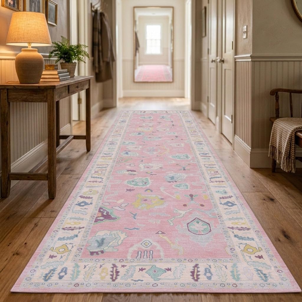 Fame Rugs Pink Modern Oushak Rug 2'6"x13, Vintage Turkish Colorful Oriental Antique Inspired Long Runner Rugs, Luxury Living Room Bedroom (385PB, 2'6" x 13')