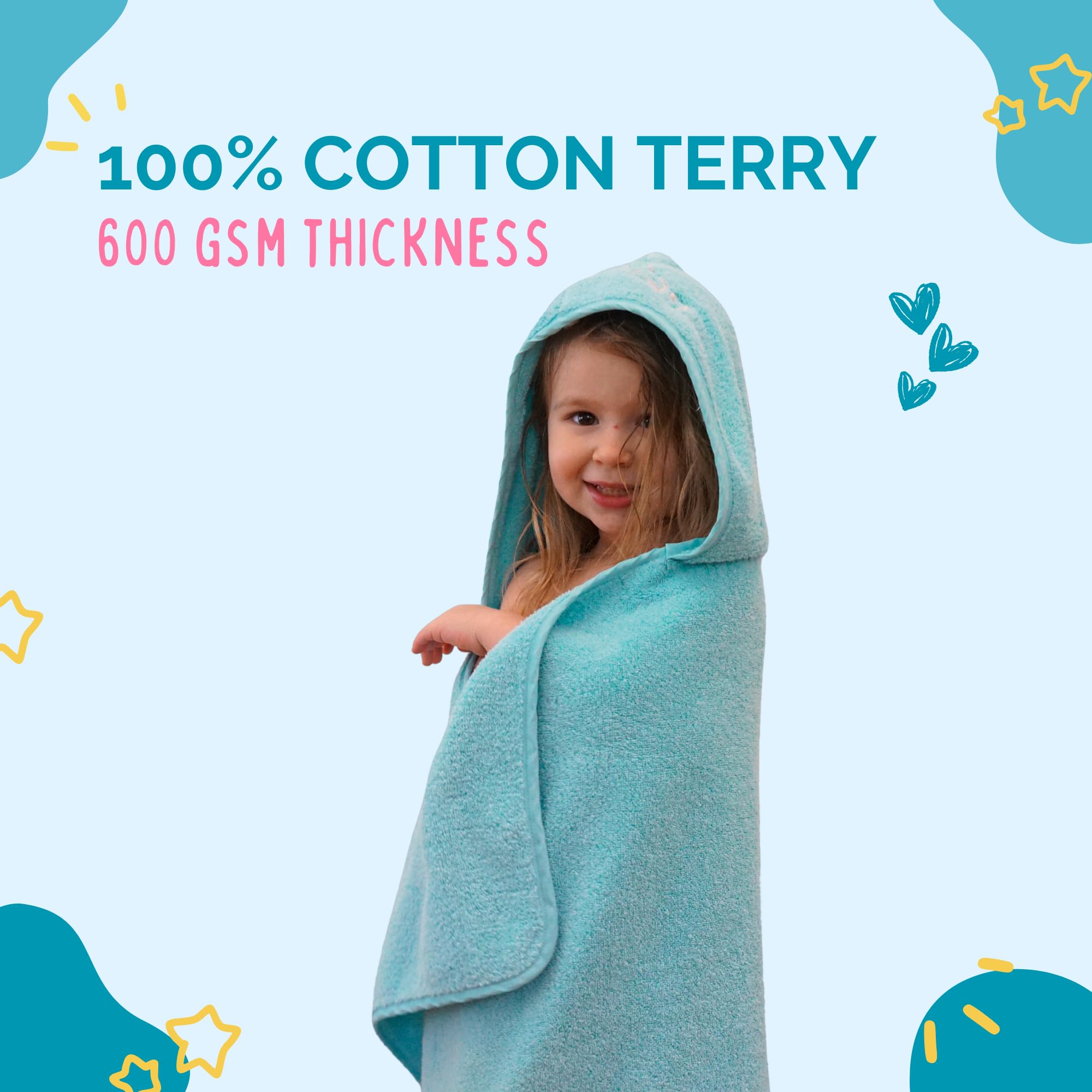 Baby Handtuch mit Kapuze, 70 x 125 cm, Plüsch und saugfähig, luxuriöses Badetuch 600 g/m², 100 % Baumwolle eisblau