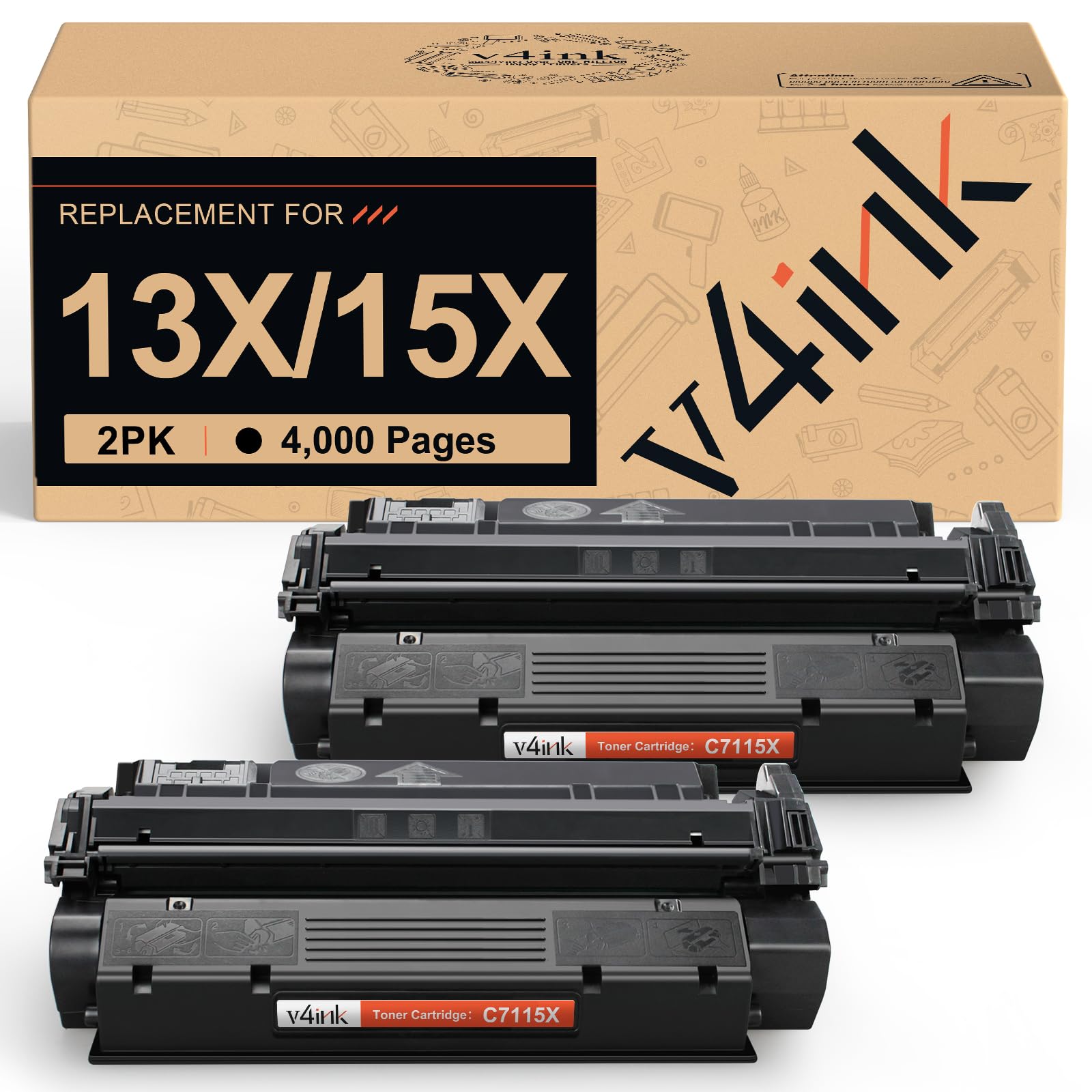 v4ink 2PK C7115X Toner Compatible Replacement for HP 13X 15X C7115X Q2613X C7115A Toner Cartridge High Yield Black Ink for HP 1000 1005 1200 1220 3300