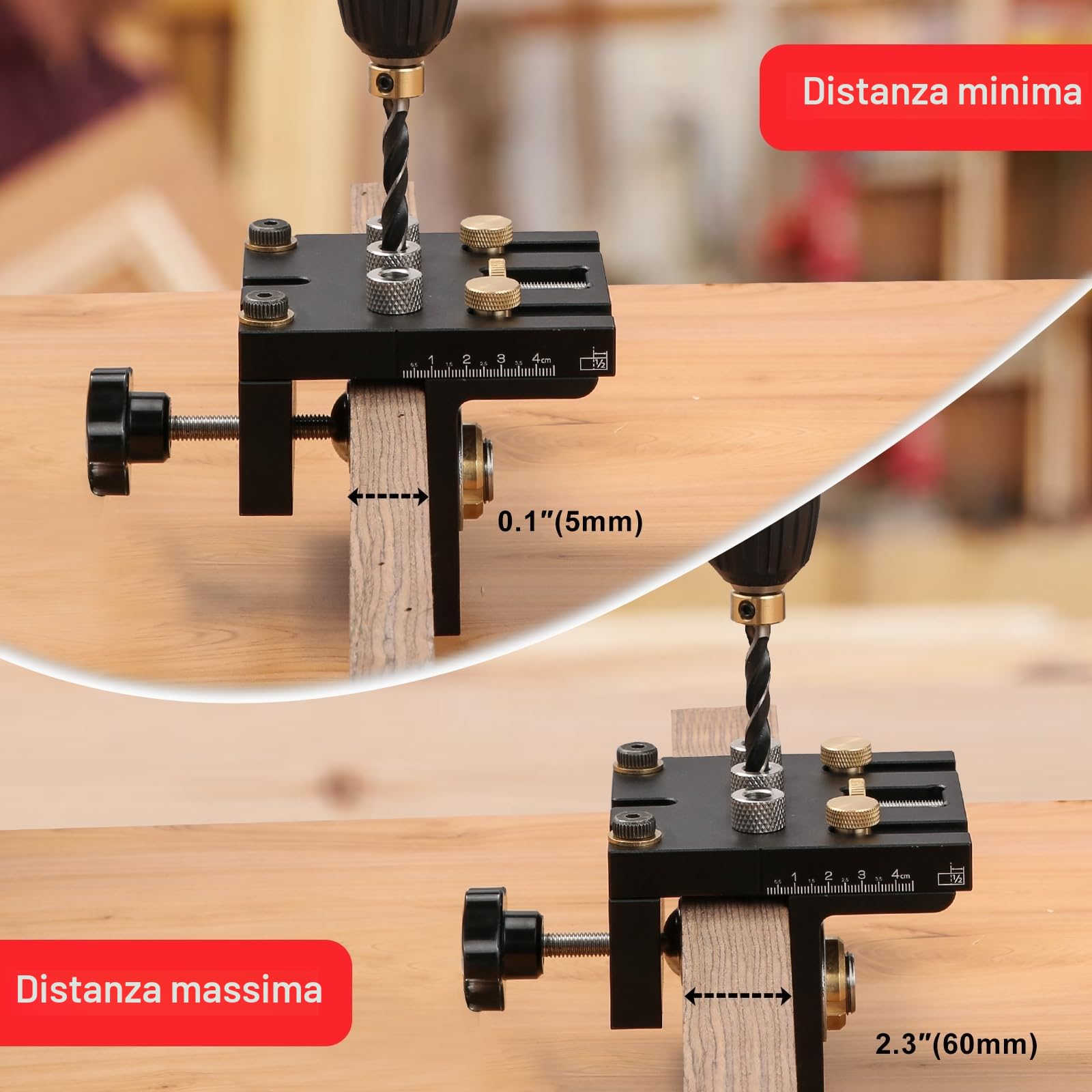 Idong 6/8/10/15mm Dima per Spinatura Legno, 3in1 Dima per Fori a Tasca, Kit di guida trapano con Clip Di Posizionamento Regolabile, Utensili Falegnameria Adatti a Legno da 5 a 60 mm