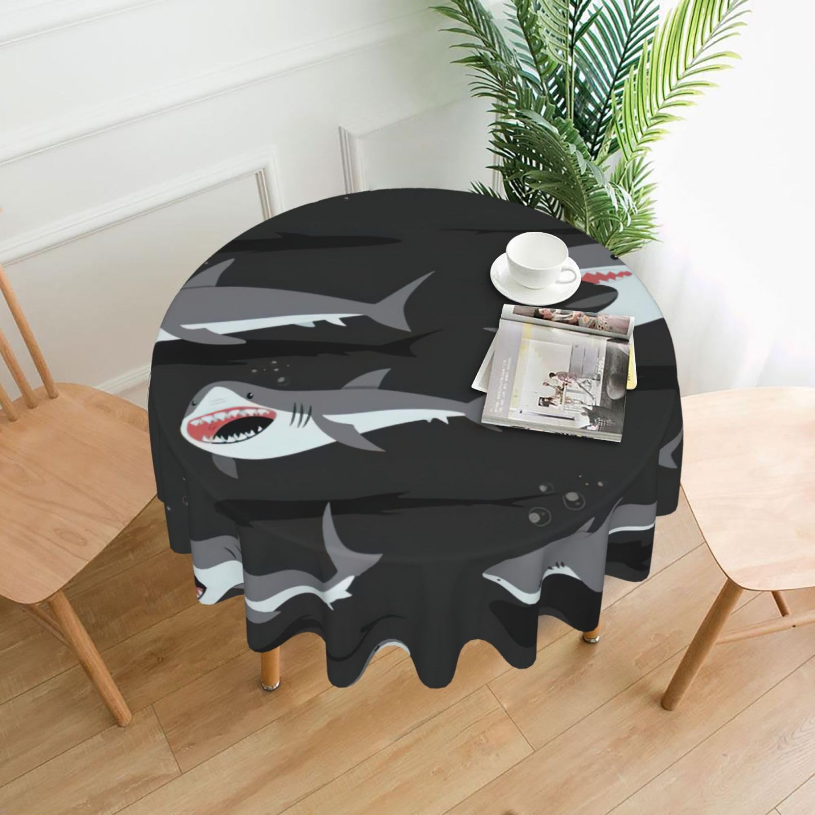 Uusnwaa Shark Print Round Tablecloth 60 Inch, Stain Wrinkle Resistant Washable Polyester Table Cover For Kitchen Party