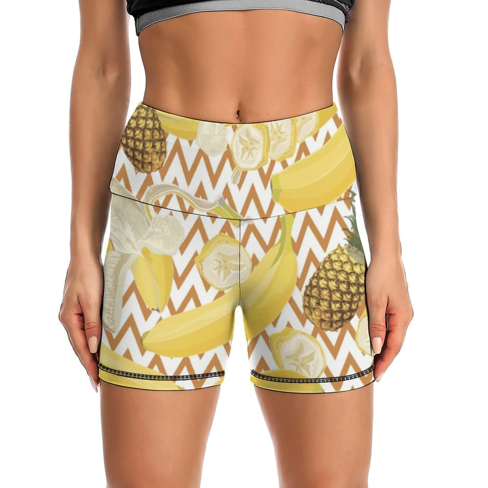 JYYAU Tropical Banana Pineapple Pattern High Waist Yoga Shorts for Women Athletic Shorts Leggings Running Pants Black
