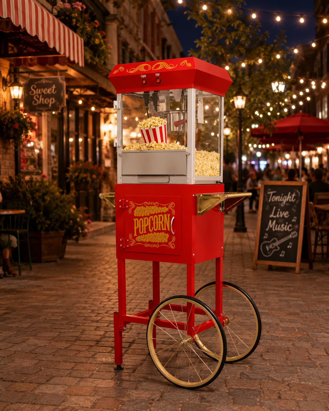 8 Oz Popcorn Machine Cart, 650 W, Popcorn Maker Machine with Stainless-Steel Kettle, Movie Theater Popcorn Machine with Steel Frame Tempered Glass Doors &amp; Heated Warming Deck, Red