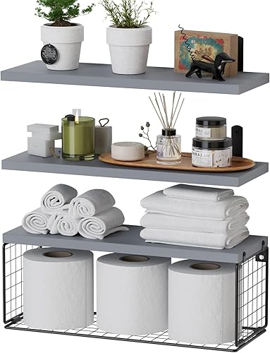 sharllen Estantes flotantes  Estante de pared de madera rústica, estantes de baño sobre el inodoro con cesta de almacenamiento de alambre  Estante