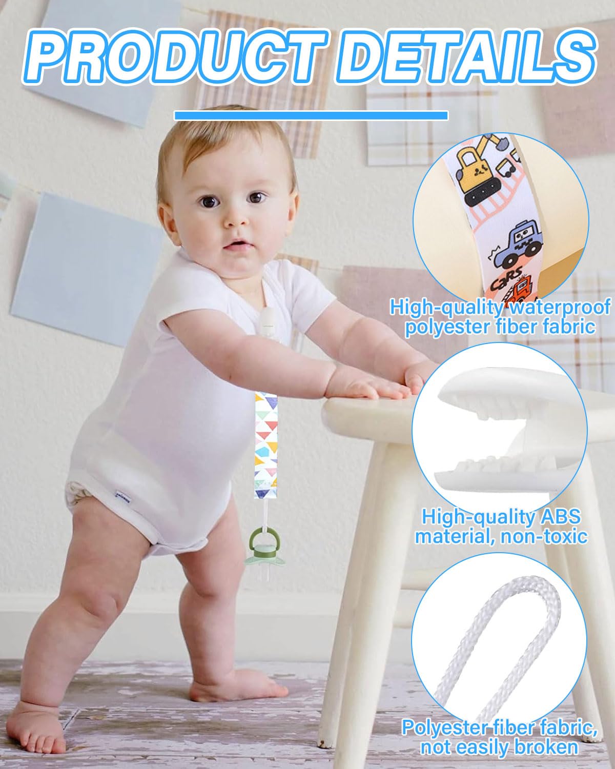 LEEQBCR 4 Pcs Chupetero de clip para Bebé,Ajustable Cadena para Chupete Bebe,Cadena de Chupetes para niños y niñas,Diseño de Una Pieza,Sin BPA,Protege a tu bebe - 3