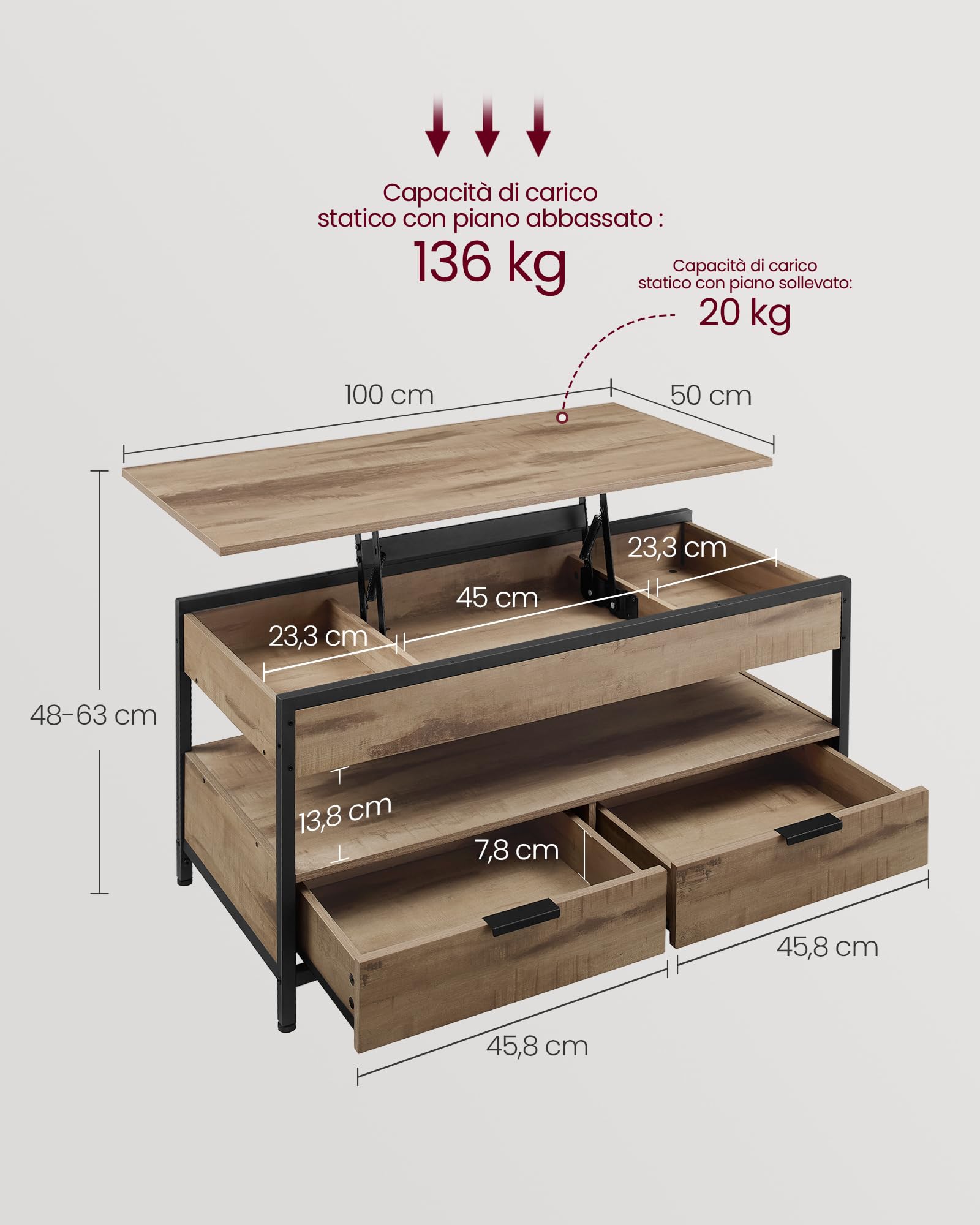 VASAGLE Tavolino da Caffècon Piano Rialzabile, Tavolino da Salotto, con Cassetti Portaoggetti, Scomparti Nascosti e Ripiano Aperto, 50 x 100 cm, Marrone Cammello e Nero Inchiostro LCT209K02