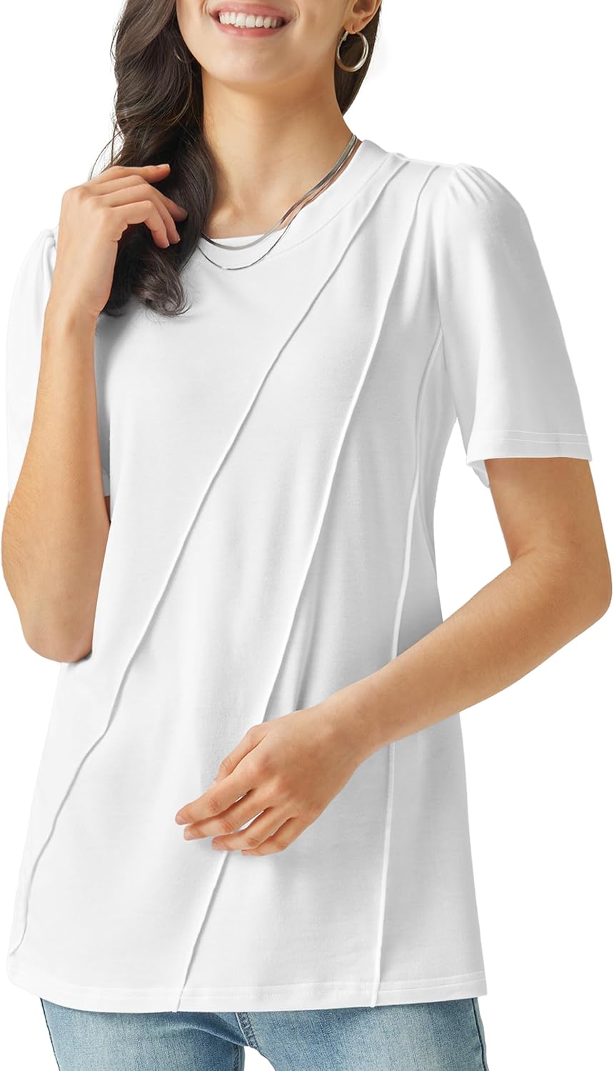 Women Short Sleeve Shirts 2025 Pleated Summer Fashion Tops Loose Fit Crew Neck Casual T-Shirts Vacation Outfits