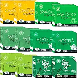 Kit 12cx Chás Orgânicos Hortelã, Capim-Cidreira, Erva-Doce, Melissa, Camomila, Chá Top Campo Verde