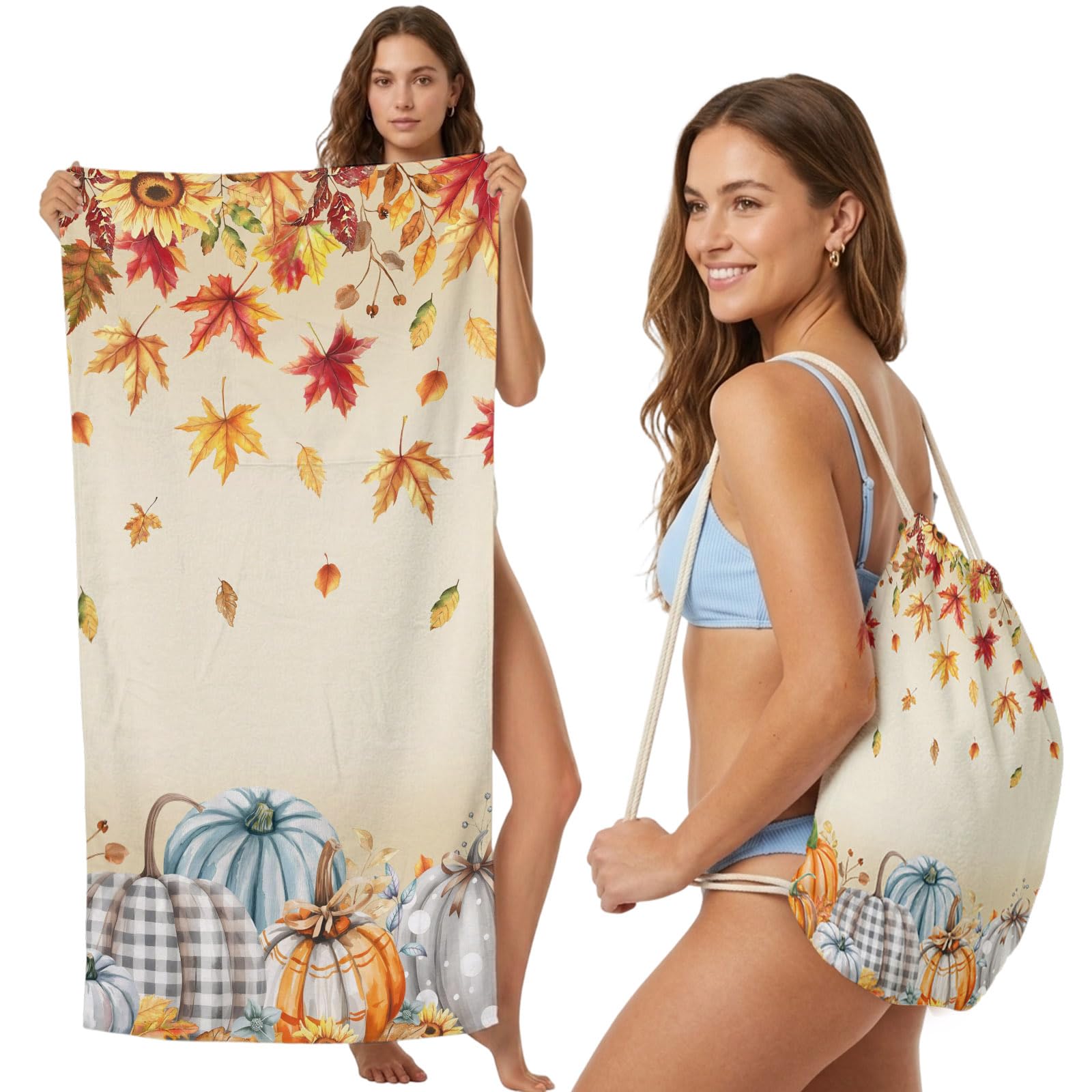2-in-1 Beach Towel Backpack,Farm Pumpkin Orange Maple Leaves Seamless Bath Towel with Built-in Storage Thanksgiving Sunflower Convertible Foldable Beach Blanket for Travel Pool Gym Camping,31x63in