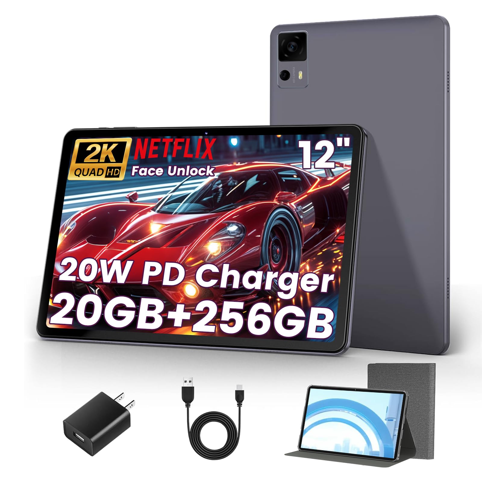 Tablet Android, T616 Octa-Core Tablet da 12 pollici, grande tablet Android con display 2K, caricabatterie rapido e custodia da 20 W, 20 GB di RAM, 256 GB di ROM, espansione 1 TB, 8000 mAh, Dual Wi-Fi