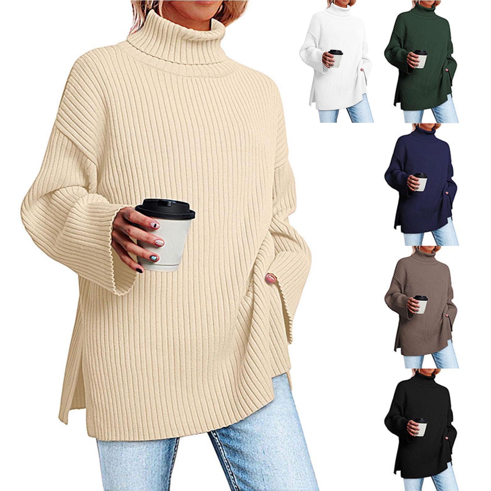 Greabuy Maglione a collo alto oversize alla moda da donna maglione a costine felpa per donna maglione casual camicie da donna maglioni da donna felpe leggere in maglia, Verde militare, L
