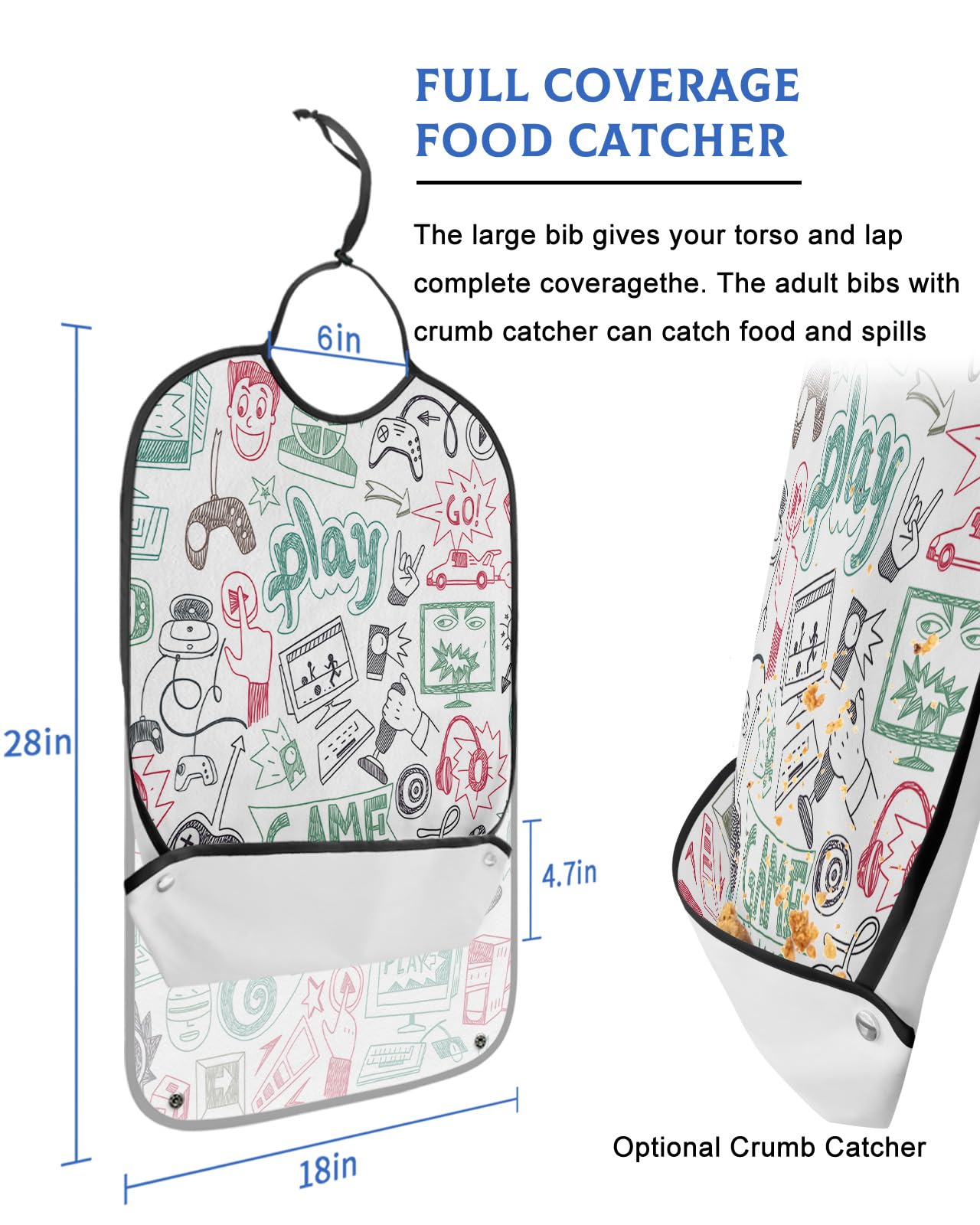 Video Game Adult Bibs for Eating, Waterproof Bibs with Food Catcher & Adjustable Snap Closure, Teal Red Gray Hand Drawn Pattern Cartoon Game Clothing Protectors Adult Bibs for Elderly Women/Men