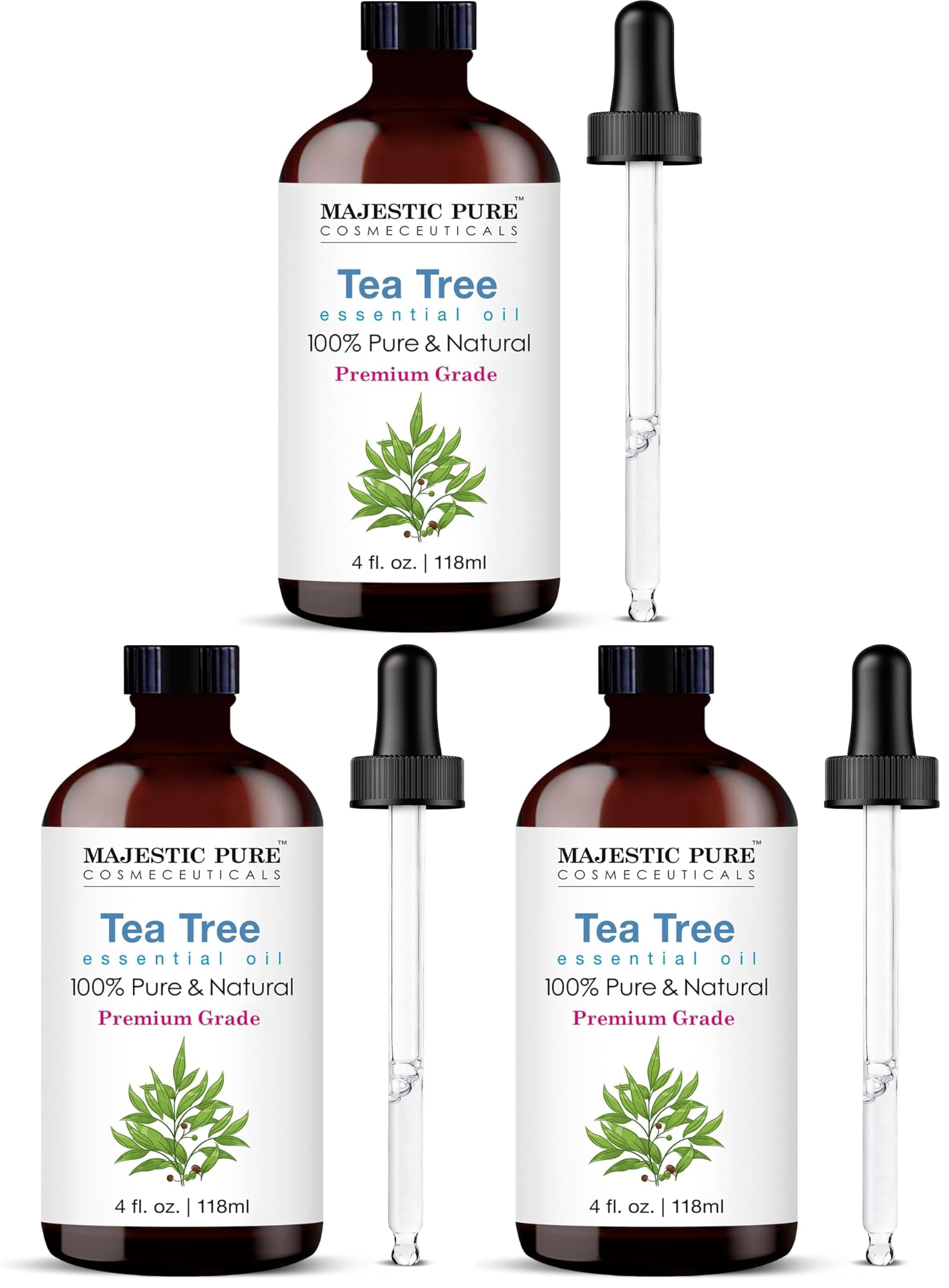Majestic Pure Essential Oil with Glass Dropper - 100% Pure and Natural - Essential Oils for Diffuser, Aromatherapy, Soap and Candle Making, Tea Tree Essential Oil, Tea Tree Oil, 4 Fl Oz (Pack of 3)