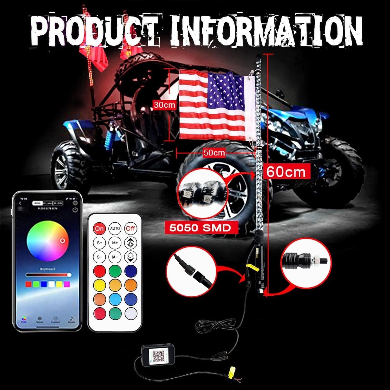 ZCX Luces del Azote de los 3FT/4FT, luz Ambiental Colorida teledirigida del Coche, Luces LED de Las Tiras del RGB Luces de látigo LED (Size : 4FT)