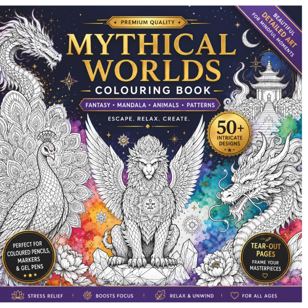 Mythical Worlds Coloring Book Dragons, Phoenixes, Sacred Mandalas & Fantasy Creatures for Relaxation and Stress Relief: 50+ Intricate Fantasy Coloring ... Sacred Geometry, and Magical Worlds | M