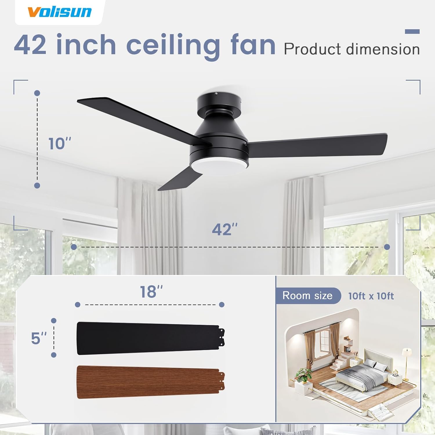 VOLISUN Ceiling Fans with Lights Flush Mount, 42 inch Low Profile Ceiling Fan with Light and Remote, Queit & Reversible Motor,3CCT, Dimmable, Black Modern Ceilings Fans for Bedroom, Living Room - Image 5