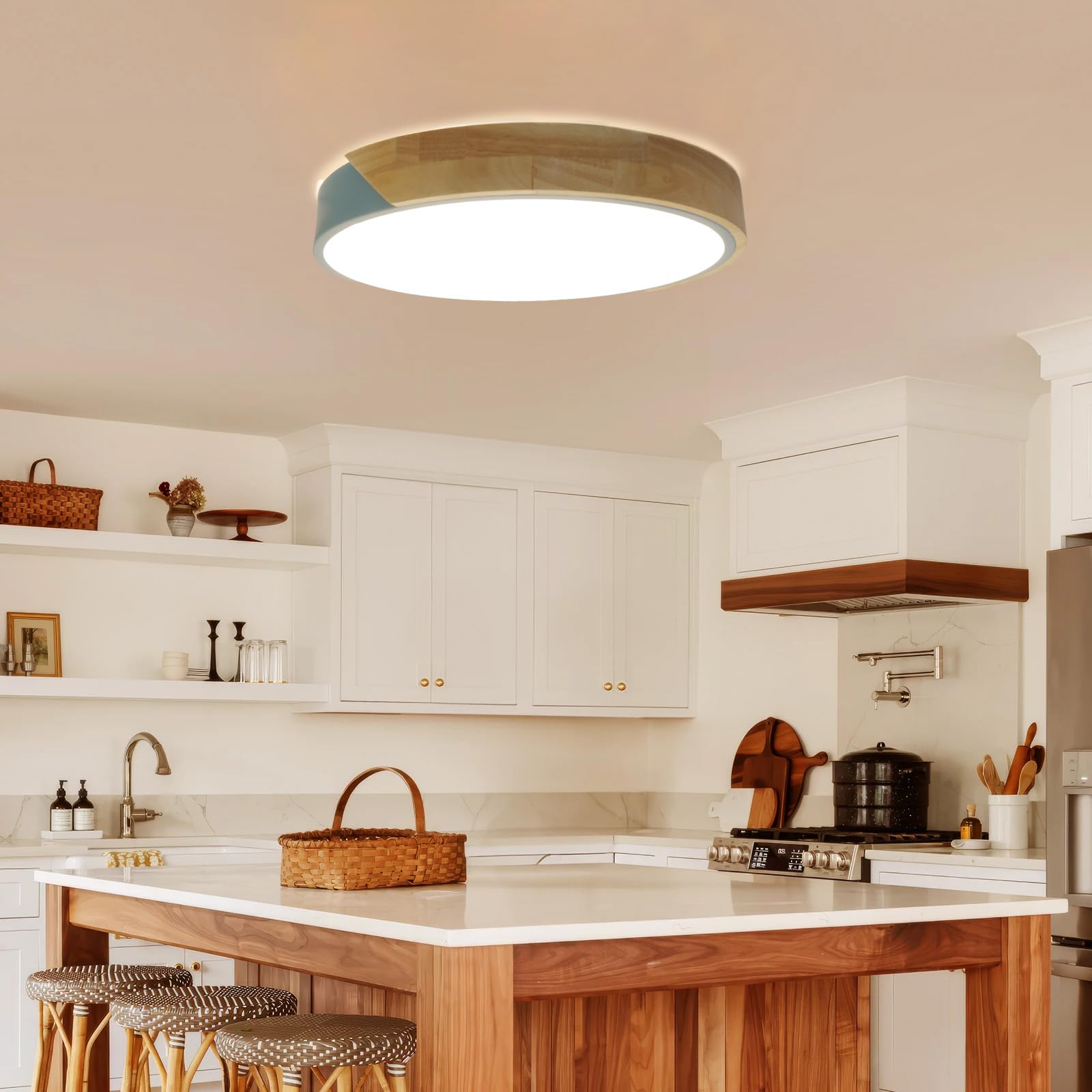 Alpinaluz Plafón LED Ø40 cm Azul y Madera – 30W con CCT Ajustable (3000K/4000K/6000K) – Diseño Nórdico Moderno en Metal y Madera para Salón, Dormitorio u Oficina