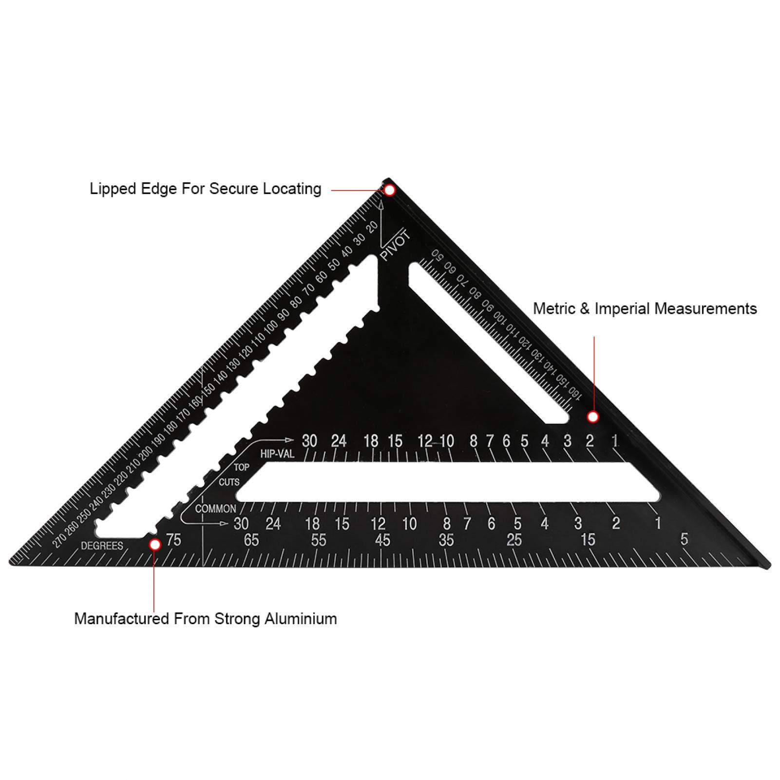 Aleación de aluminio de 12 pulgadas Forma de ángulo triangular Regla cuadrada Ingeniero de precisión Carpintero Medición de carpintería Herramienta de diseño de medición Transportador Trasmallo