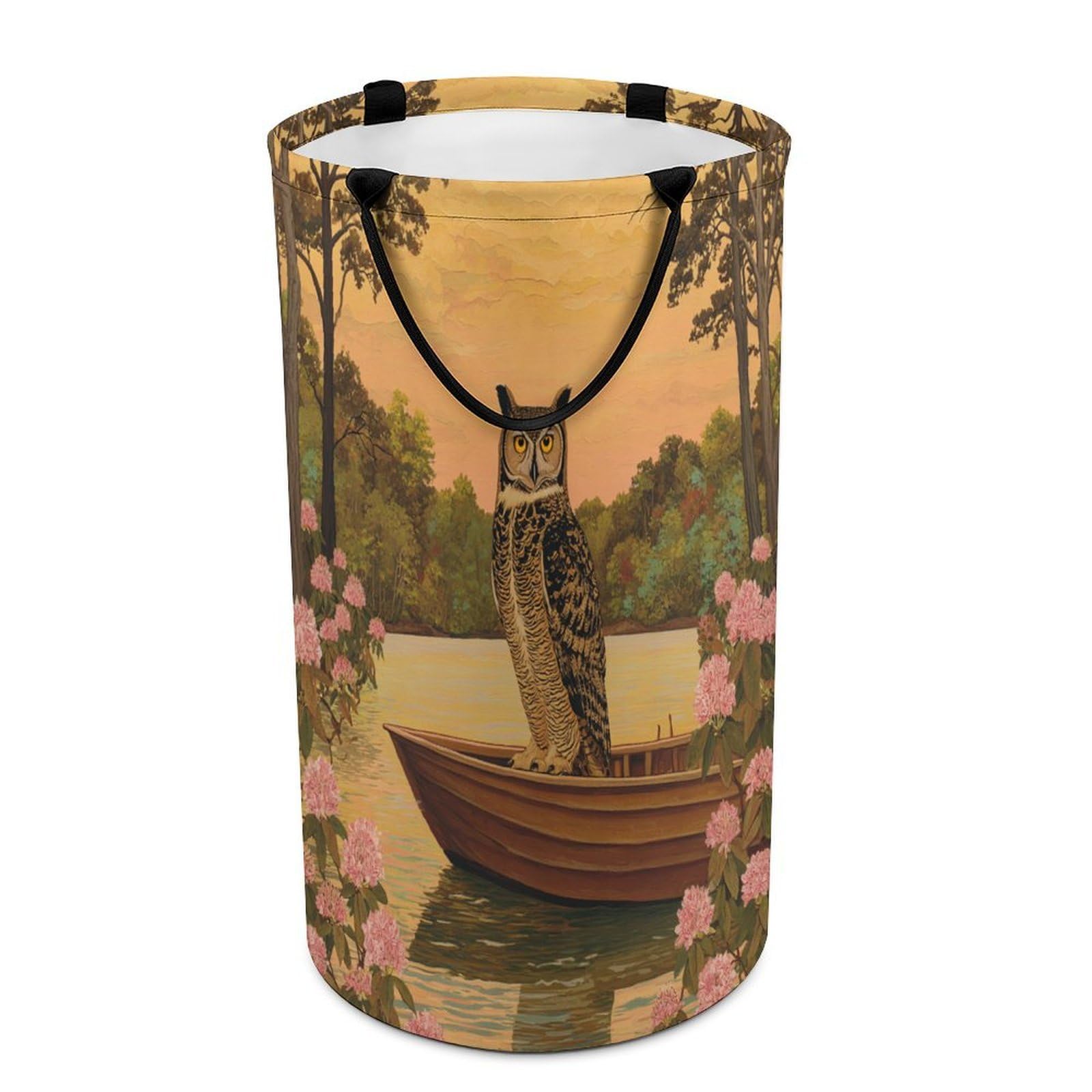 LUYYSKY Retro Realistic Animal Owl Versatile Storage Laundry Basket, Beautiful Abstract Natural Lake Landscape Floral Owl Pattern Large Capacity Bathroom Hamper With Handle