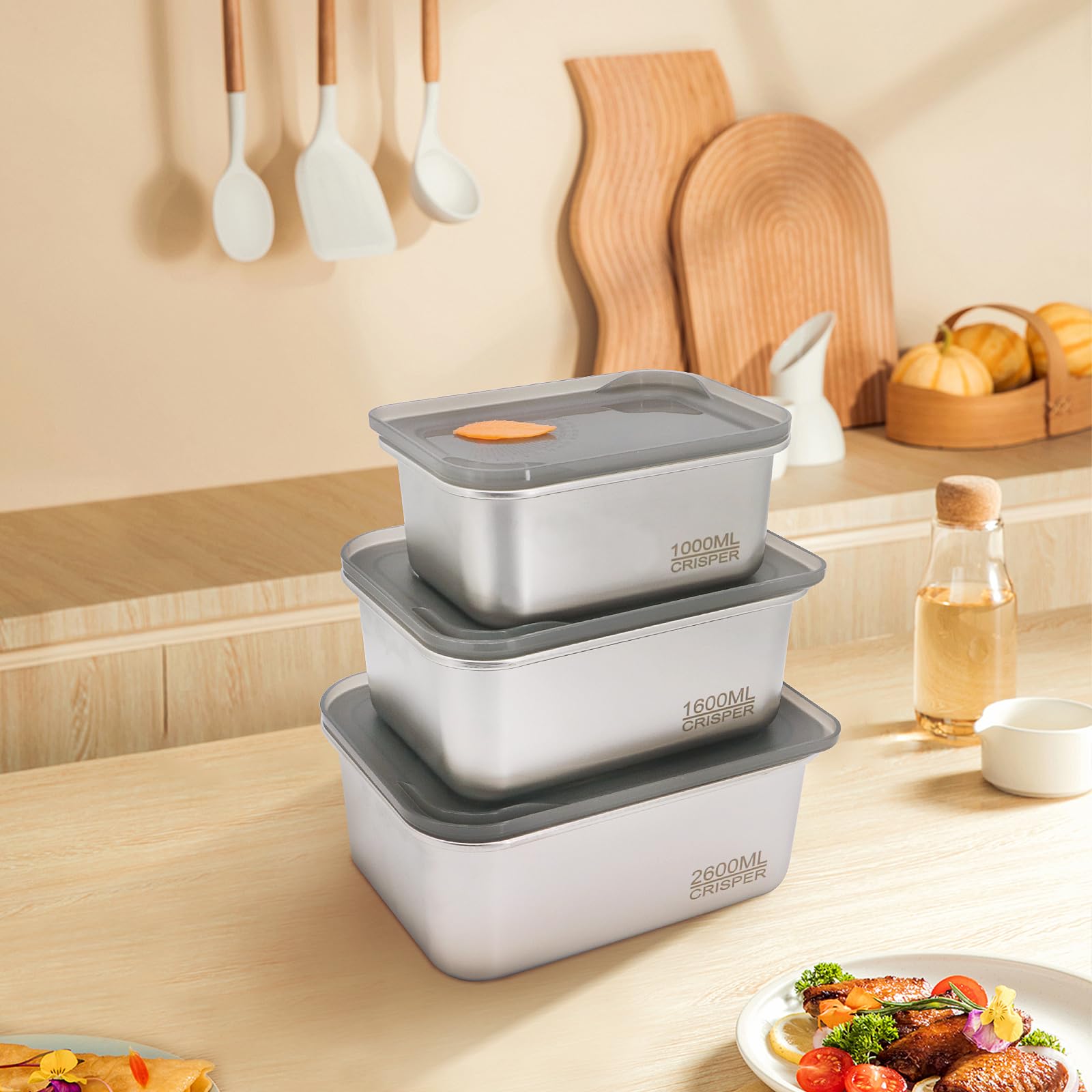 Gearific Roestvrijstalen voedselcontainers met deksels, snackcontainers, lekbestendige metalen voedselopslagcontainers voor restaurant, keuken, vriezer, buffet (600 ml 1100 ml 1400 ml
