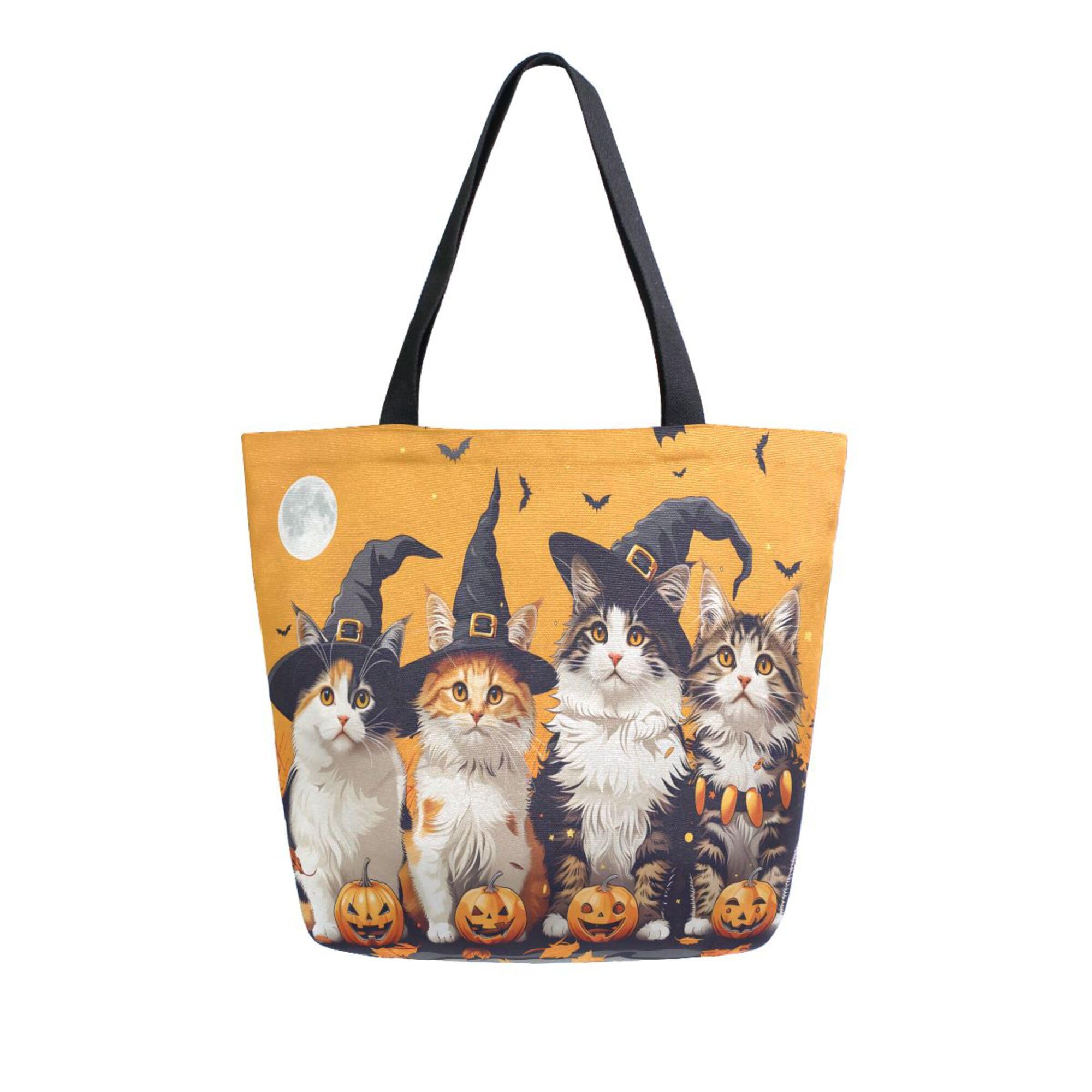 Canvas Tote Bag Large Women Casual Shoulder Bag Handbag Cats Halloween Pumpkin Reusable Multipurpose Heavy Duty Shopping Grocery Cotton Bag for Mom