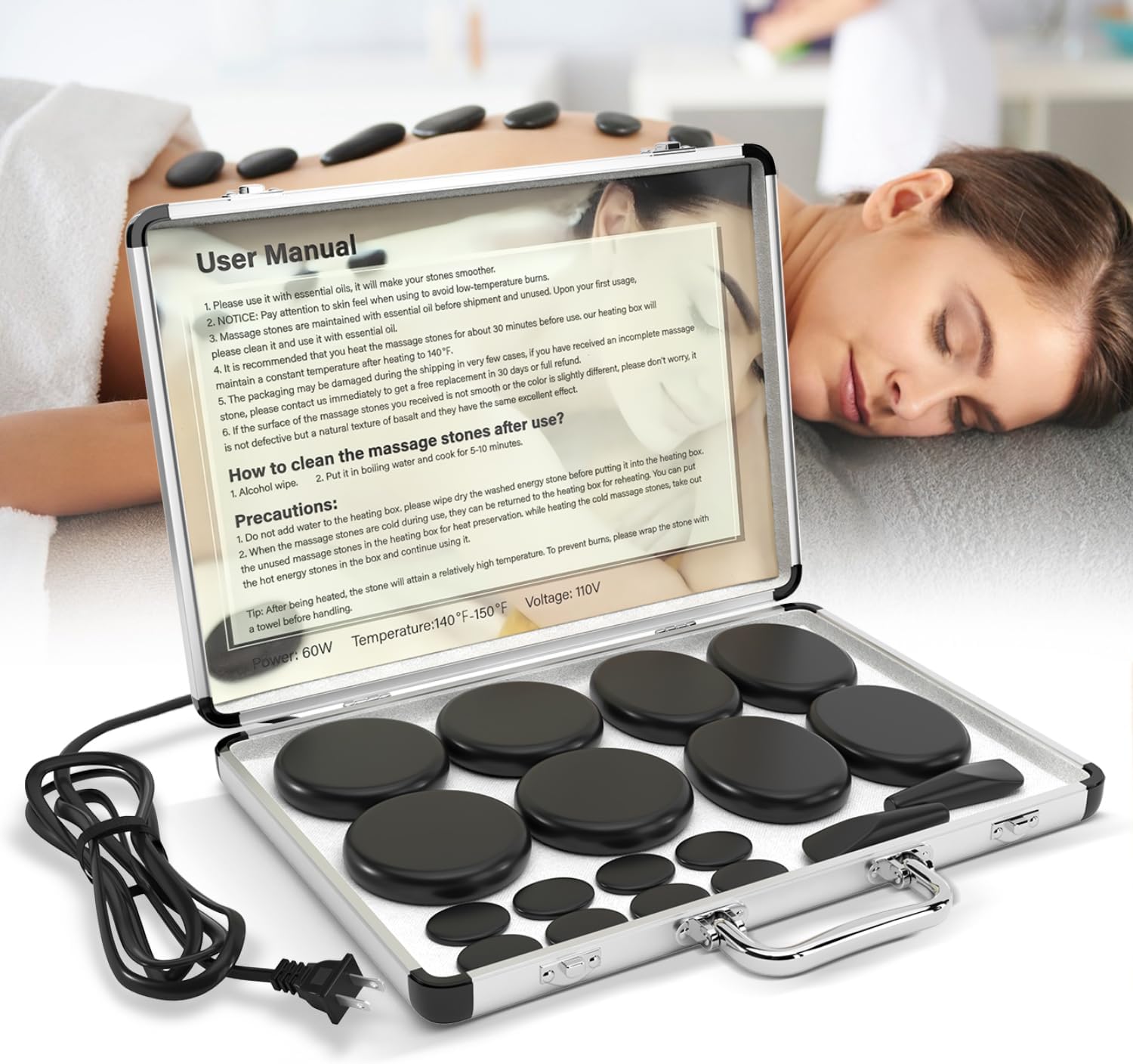 Hot Stones Massage Set, 18 Pcs Basalt Hot Stones with Heater Kit for SPA Portable Bianstone Massage Rocks Heating Box for Home Spa Warming, Relaxing, Healing, Pain Relief
