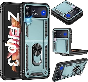 Heavy Duty Case for Samsung Galaxy Z Flip 3 5G Phone Case Military Grade Shockproof Rugged Protective Cover for Samsung Z Flip 3 with Metal Ring Magnetic Kickstand Green