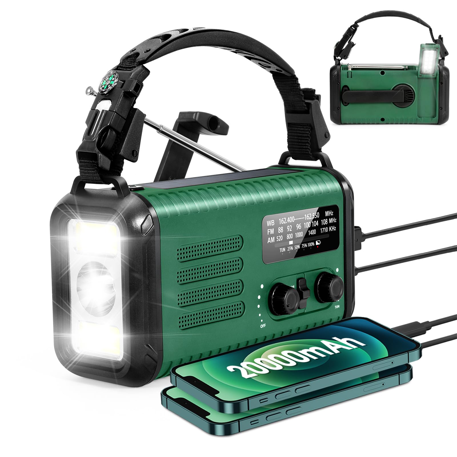 Radio di emergenza 20000 mAh AM/FM/NOAA a manovella solare con caricabatterie e torcia SOS