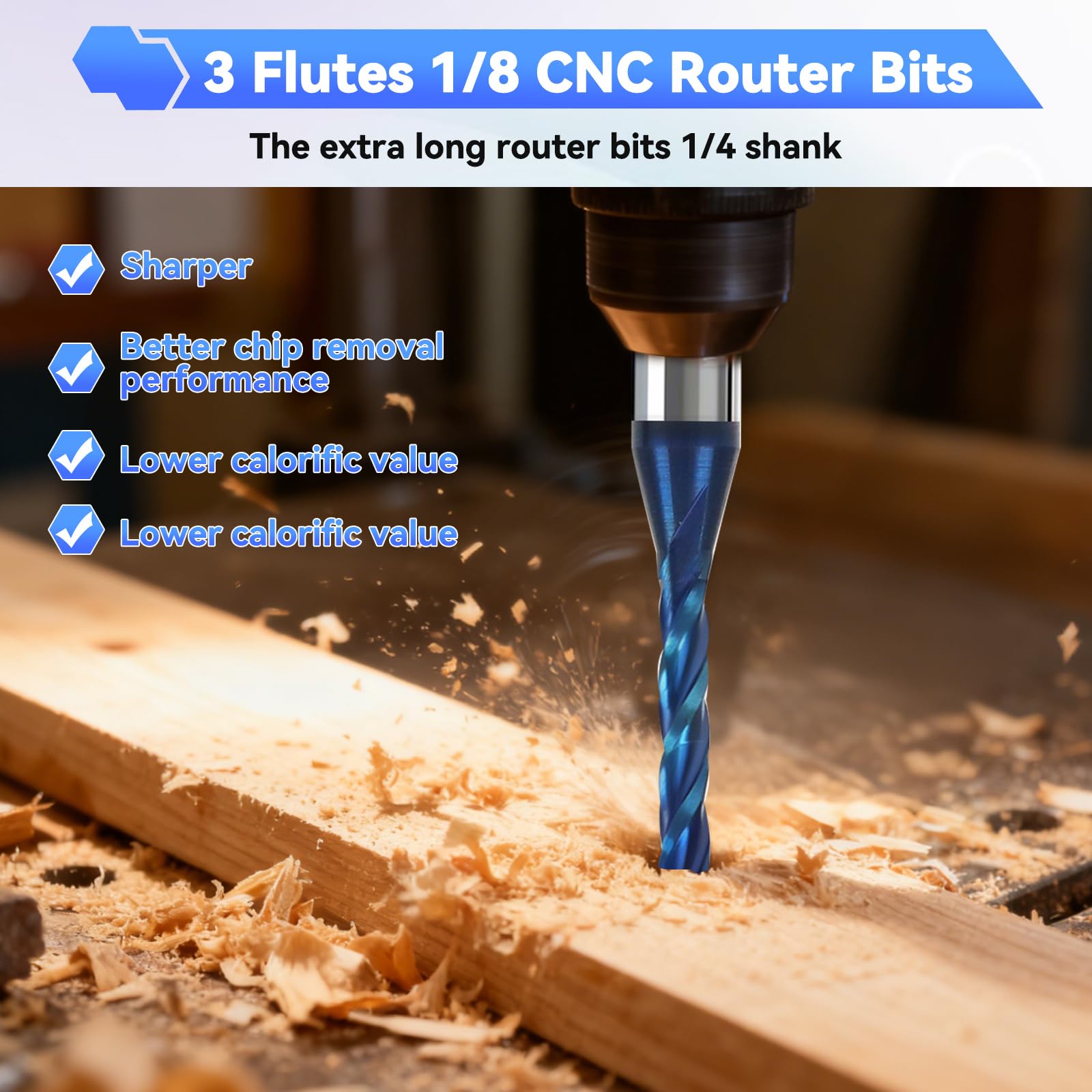 2 punte per fresa CNC a 3 scanalature, diametro di taglio 1/8", gambo da 1/4", fresa a spirale in carburo solido con rivestimento nano blu per intaglio del legno