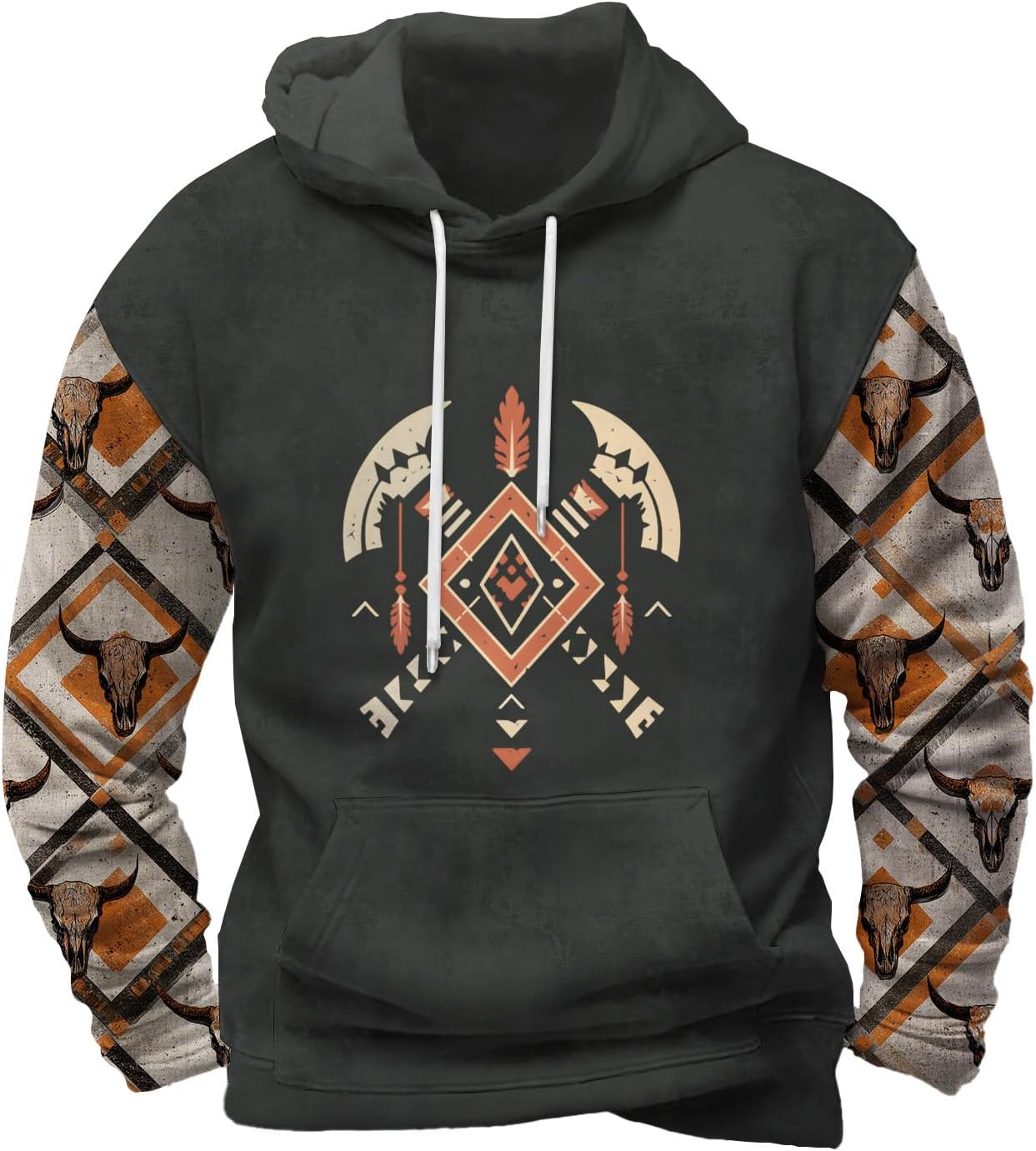 Mens Vintage Graphic Printed Hoodie Classic Hooded Neck Long Sleeve Drawstring Sweatshirts with Kangaroo Pocket for Fall and Winter