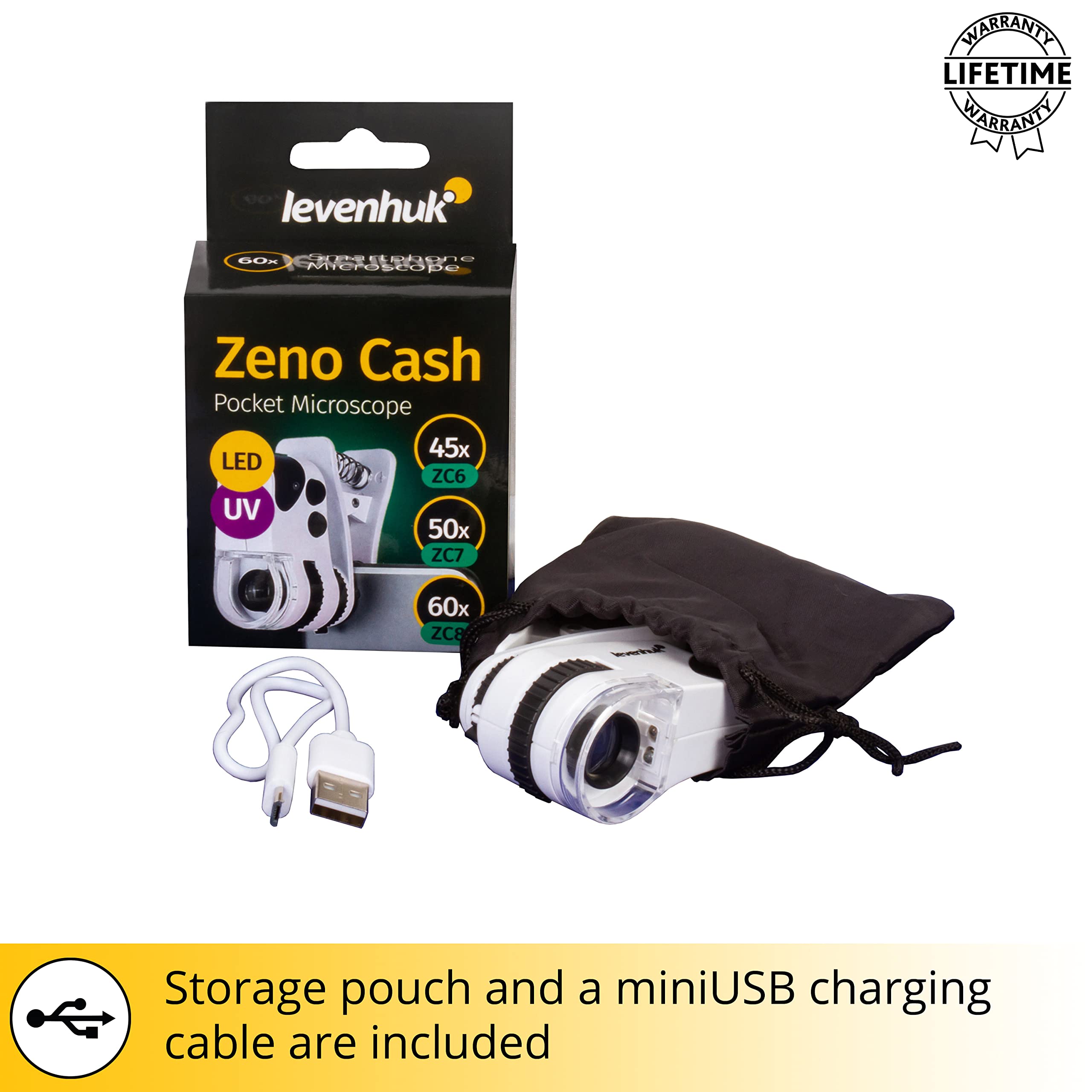 Microscopio De Bolsillo Levenhuk Zeno Cash ZC4 60x – Con Luz LED Y UV, Compatible Con IPhone Y Android Para Niños, Estudiantes Y Profesionales