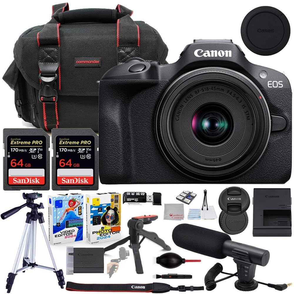 CanonEOS R100 Mirrorless Camera with 18-45mm Lens Bundle with Commander Gear Bag + Microphone + 2X 64GB Extreme Memory Cards + Accessory Kit